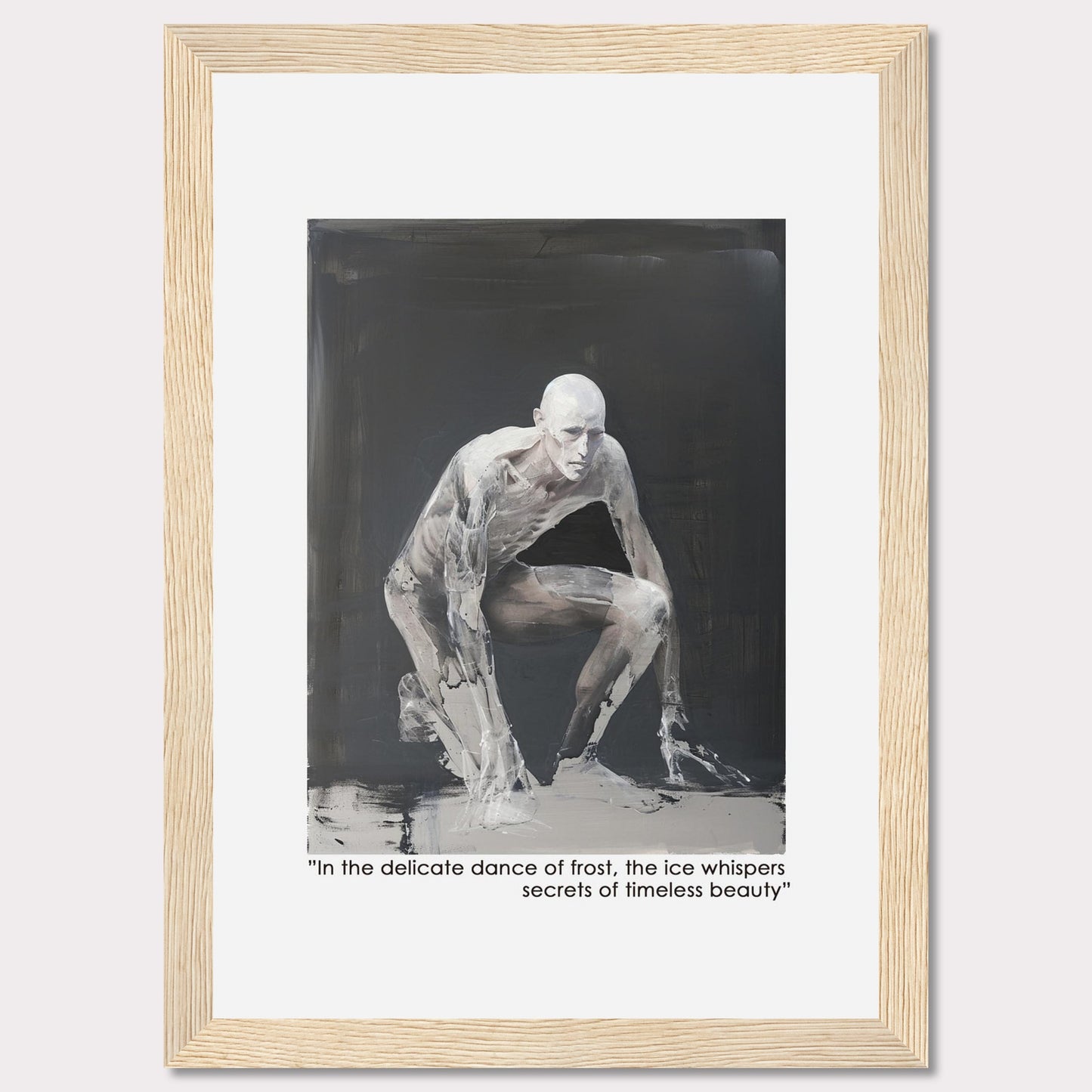 This striking artwork depicts a figure painted in shades of white and gray, emerging from a dark background. The figure appears to be crouching, with a ghostly, ethereal quality to its form. The painting evokes a sense of mystery and introspection.