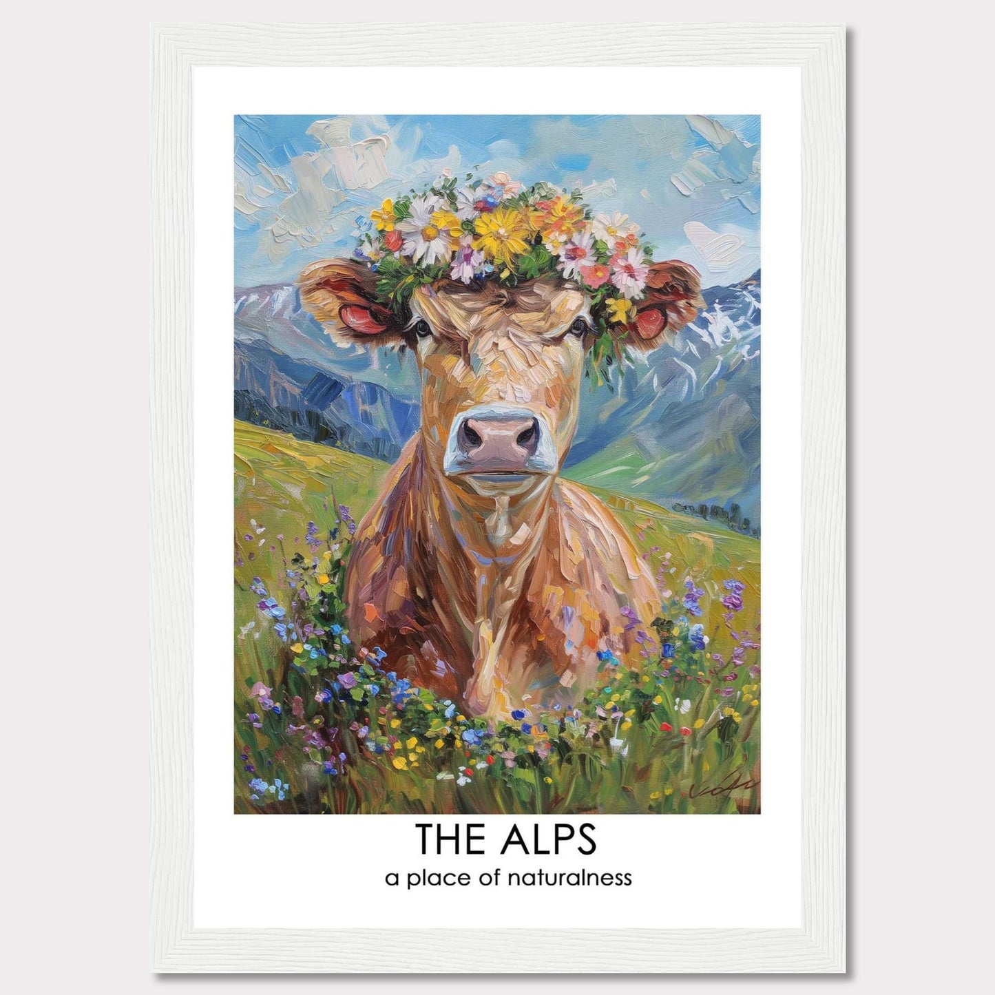 This vibrant artwork depicts a cow adorned with a colorful flower crown, set against the stunning backdrop of the Alps. The painting captures the essence of natural beauty and tranquility.