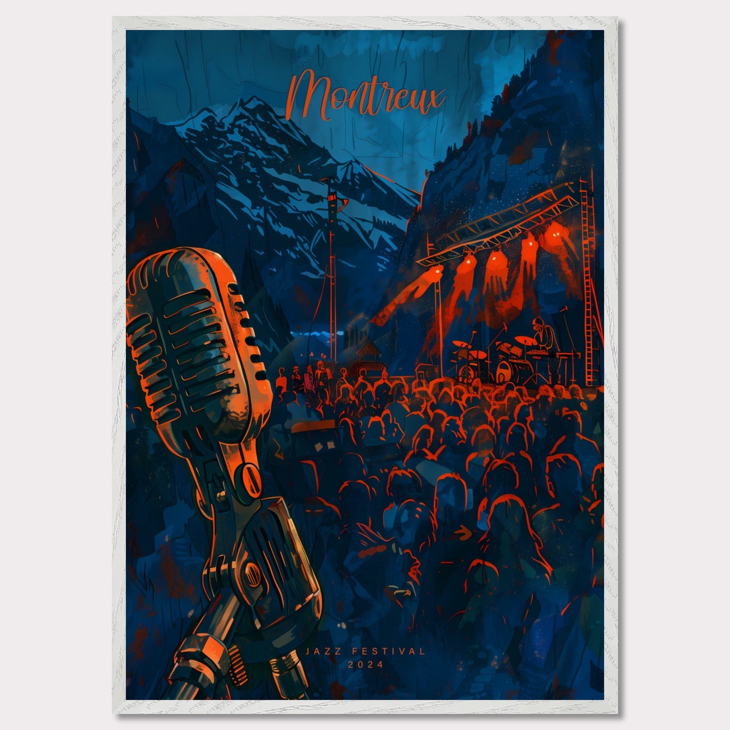 Experience the magic of Montreux Jazz Festival 2024! This vibrant poster captures the essence of live music against a stunning mountain backdrop. Join the crowd, feel the rhythm, and be part of an unforgettable musical journey.