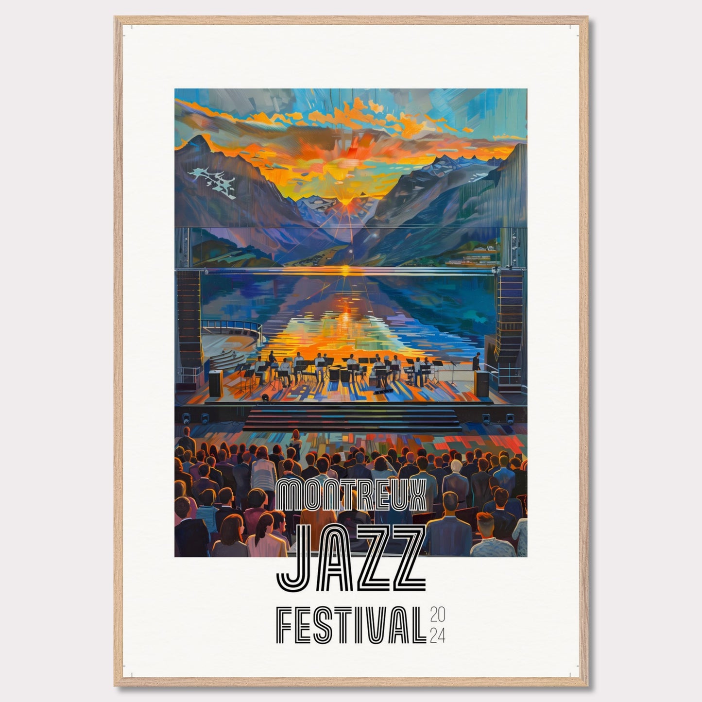 This vibrant poster showcases the Montreux Jazz Festival 2024. The image captures a stunning sunset over a serene lake surrounded by mountains, with a jazz band performing on an outdoor stage. The audience is depicted enjoying the music, creating a lively and engaging atmosphere.