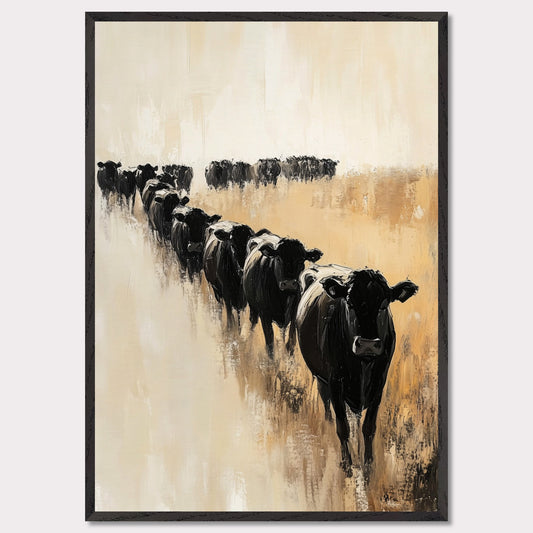 This captivating artwork portrays a herd of black cows walking in a line across a serene, golden field. The abstract brush strokes and muted color palette evoke a sense of calm and tranquility.