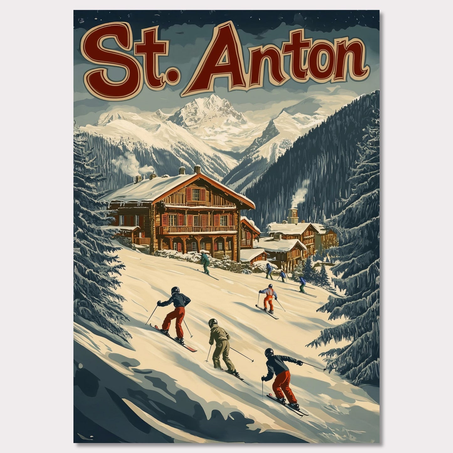 This minimalist yet striking poster captures the essence of St. Anton's alpine charm through its dynamic composition and vintage-inspired design. At the heart of the image is a group of skiers gracefully descending the snowy slopes, framed by towering evergreens and a cozy wooden chalet. The vibrant yet balanced color palette enhances the lively appeal, blending a sense of adventure and winter serenity.