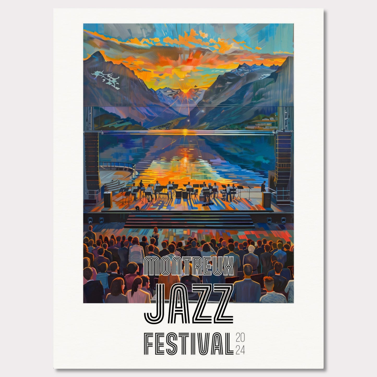 This vibrant poster showcases the Montreux Jazz Festival 2024. The image captures a stunning sunset over a serene lake surrounded by mountains, with a jazz band performing on an outdoor stage. The audience is depicted enjoying the music, creating a lively and engaging atmosphere.