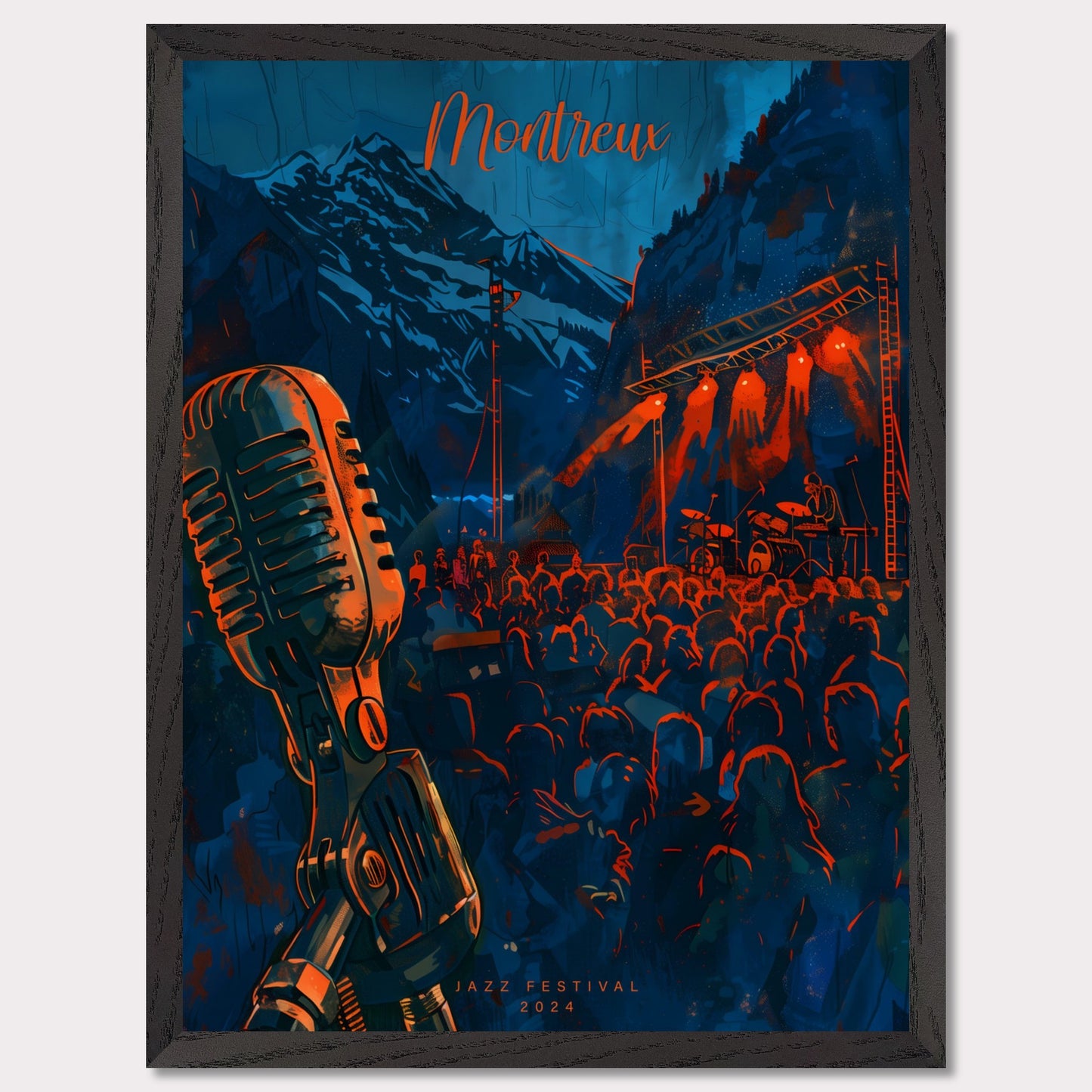 Experience the magic of Montreux Jazz Festival 2024! This vibrant poster captures the essence of live music against a stunning mountain backdrop. Join the crowd, feel the rhythm, and be part of an unforgettable musical journey.