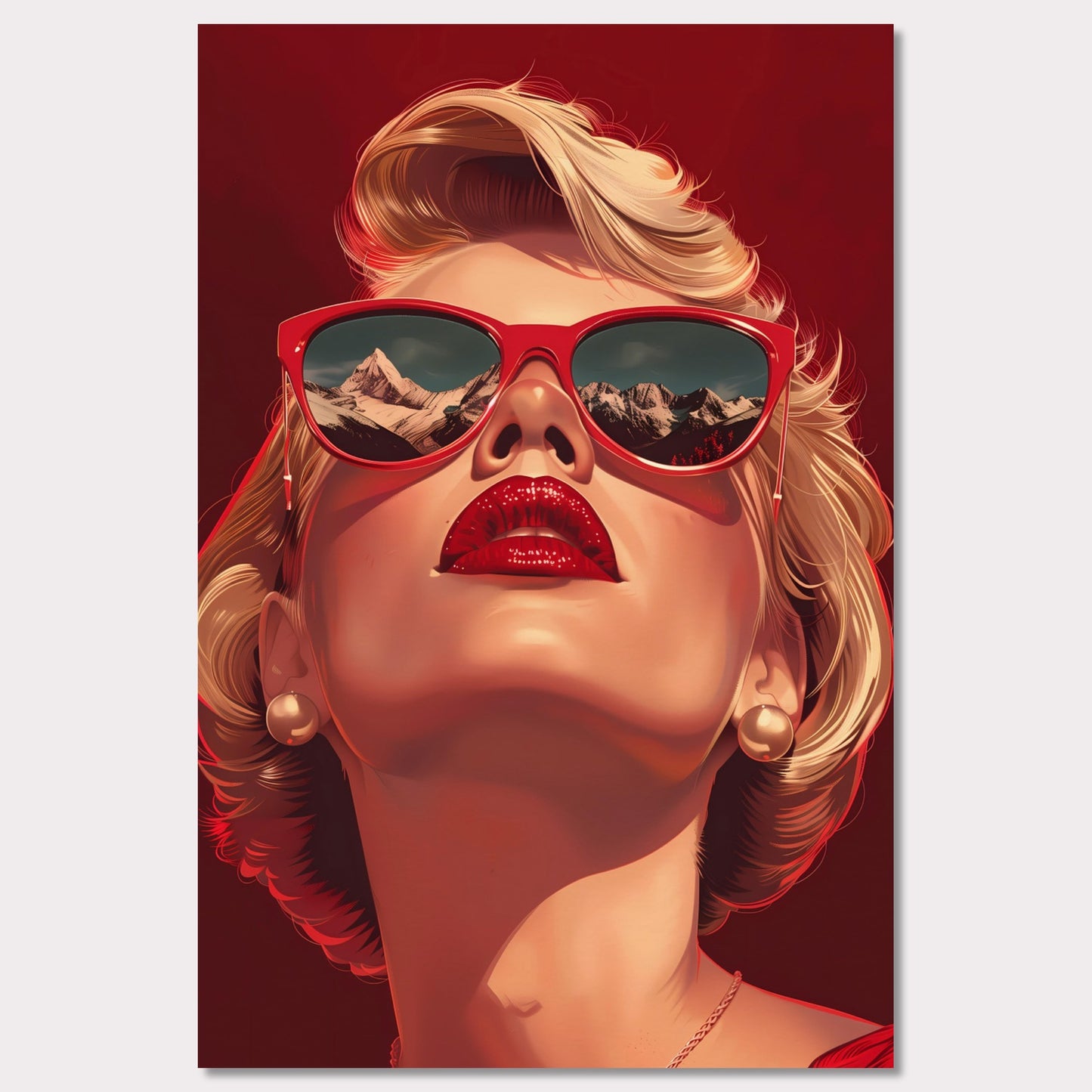 This striking artwork features a glamorous woman with blonde hair, wearing bold red sunglasses that reflect a stunning mountain landscape. Her vibrant red lips and pearl earrings add to the sophisticated and stylish aura of the piece.