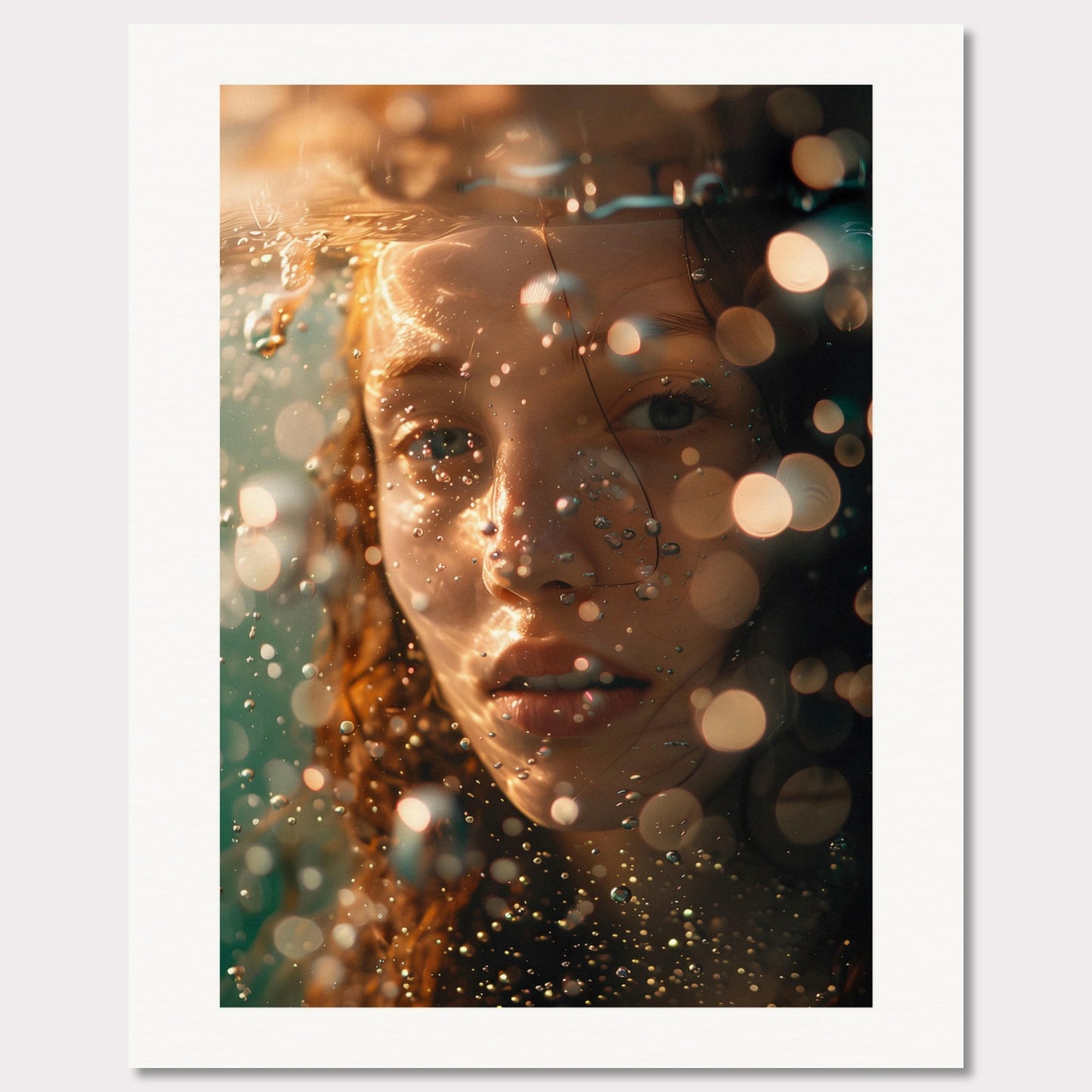 A close-up, artistic photograph of a person's face submerged in water, with light reflections and bokeh effects creating an ethereal atmosphere.

This poster would fit well in modern living rooms, art studios, bedrooms, or any space that appreciates contemporary and artistic photography.