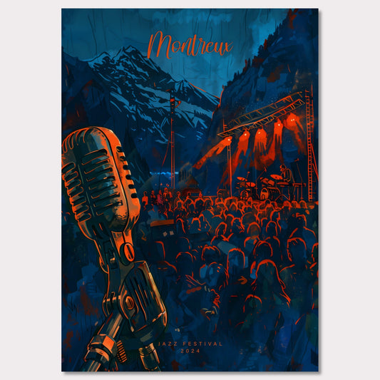 Experience the magic of Montreux Jazz Festival 2024! This vibrant poster captures the essence of live music against a stunning mountain backdrop. Join the crowd, feel the rhythm, and be part of an unforgettable musical journey.