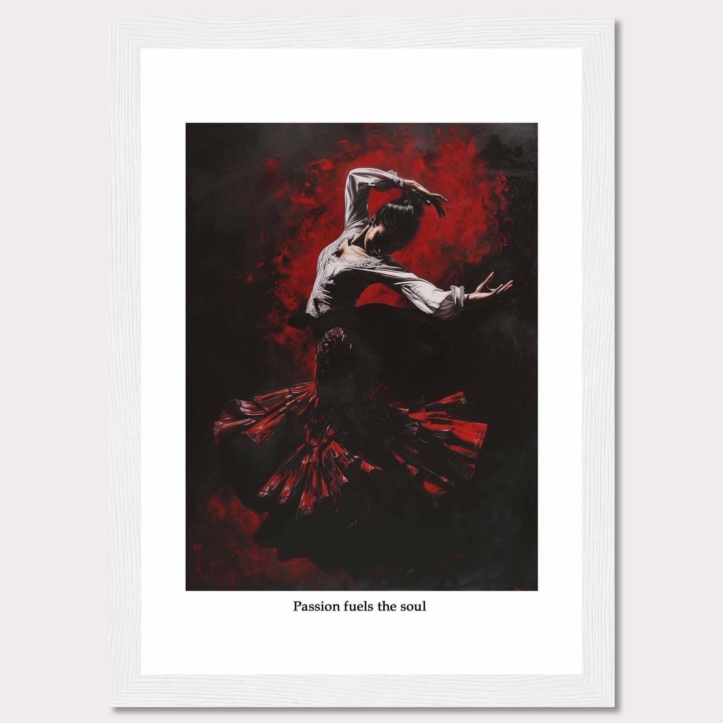 This captivating image depicts a flamenco dancer enveloped in a swirl of red and black, showcasing the intensity and passion of the dance. The dancer's expressive pose and flowing costume create a dynamic and powerful visual impact.