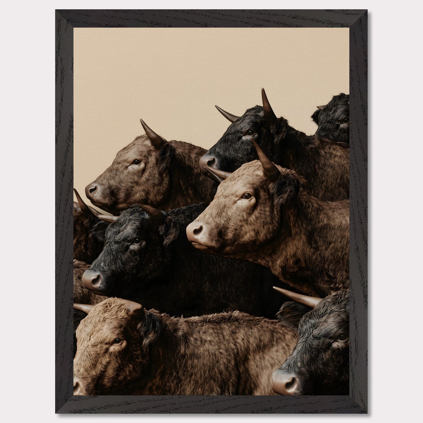 This illustration depicts a group of oxen with varying shades of brown and black fur, closely packed together against a plain beige background.

This poster will fit well in rustic or farmhouse-style interiors, animal-themed spaces, or art collections focusing on wildlife.