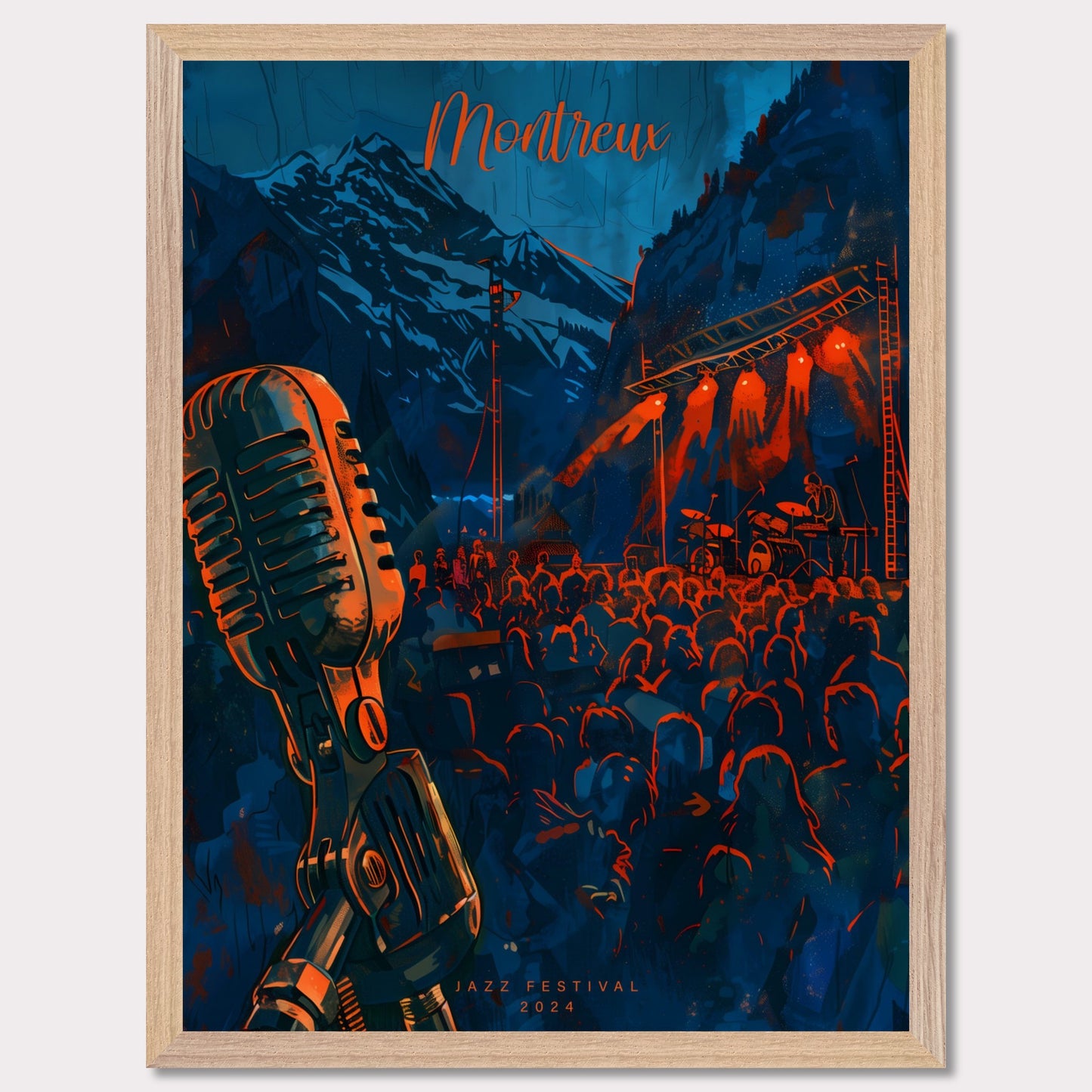 Experience the magic of Montreux Jazz Festival 2024! This vibrant poster captures the essence of live music against a stunning mountain backdrop. Join the crowd, feel the rhythm, and be part of an unforgettable musical journey.