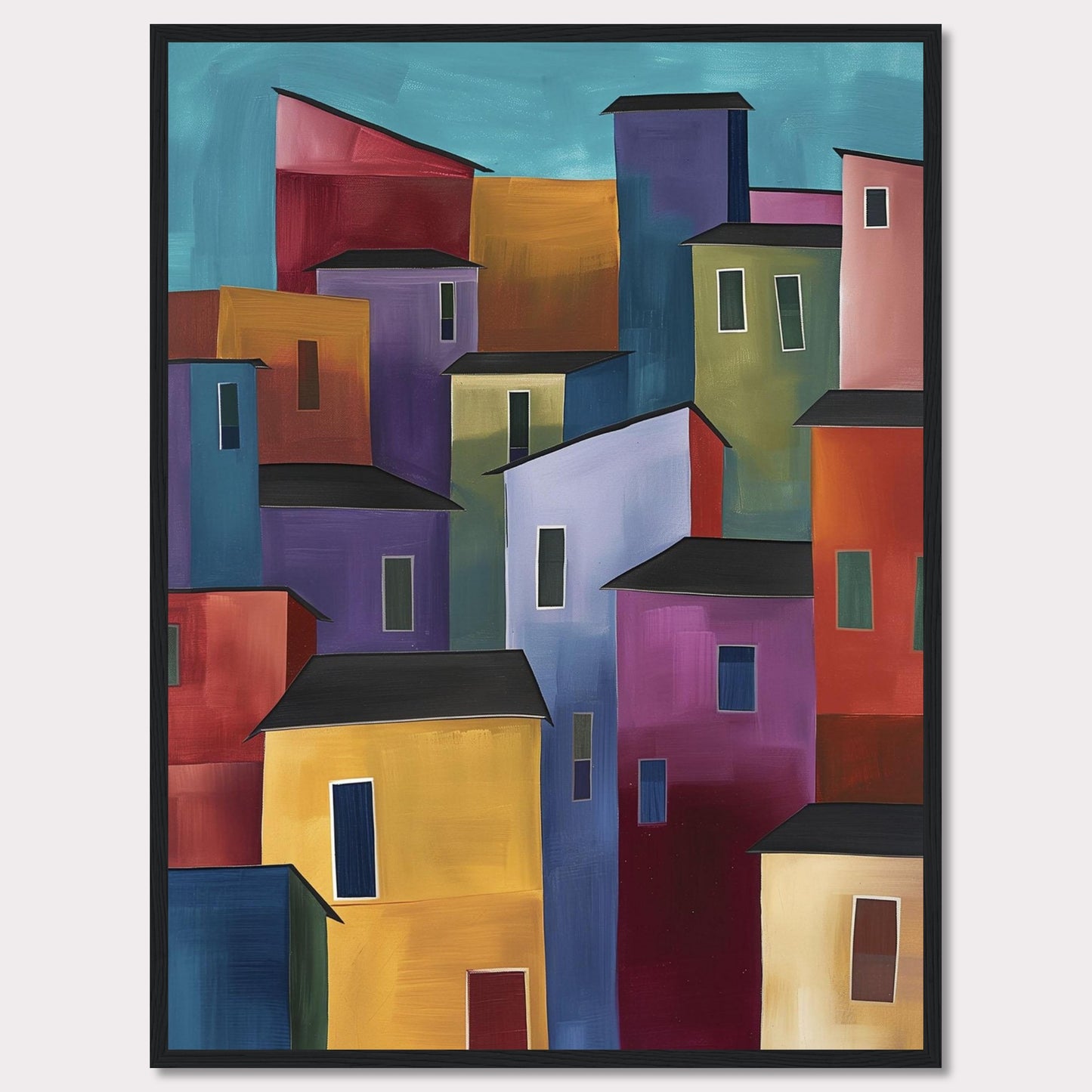 This vibrant painting features a colorful array of abstract buildings, each with unique hues and shapes, set against a serene blue sky. The bold use of colors and geometric forms creates a lively and dynamic cityscape.