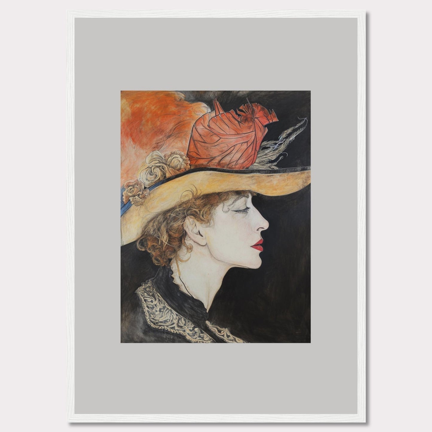 This captivating artwork features a side profile of a woman wearing an elegant hat adorned with feathers and flowers. The detailed illustration showcases her serene expression, accentuated by bold red lips and delicate curls framing her face. The background contrasts beautifully with the vibrant colors of the hat, adding depth to the portrait.