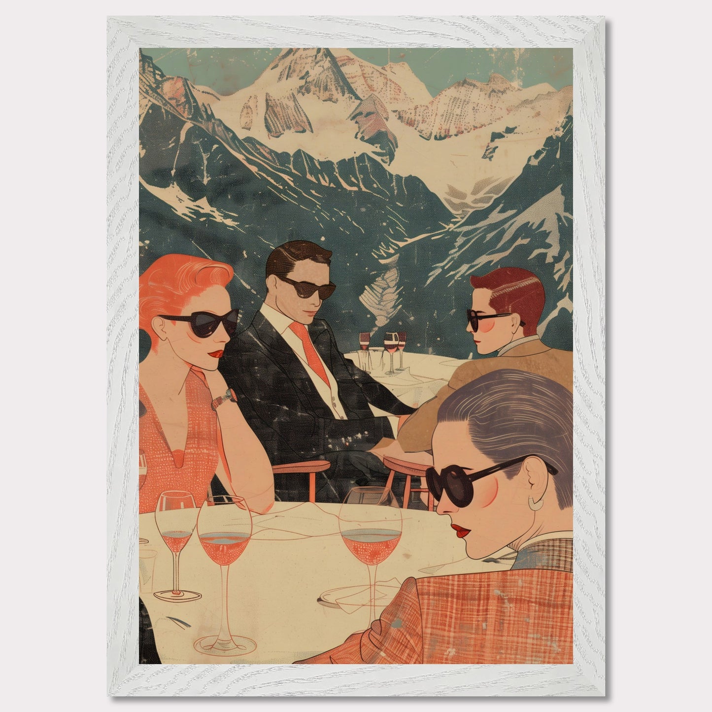 This captivating illustration depicts a stylish group of individuals enjoying a sophisticated gathering with a stunning mountain backdrop.