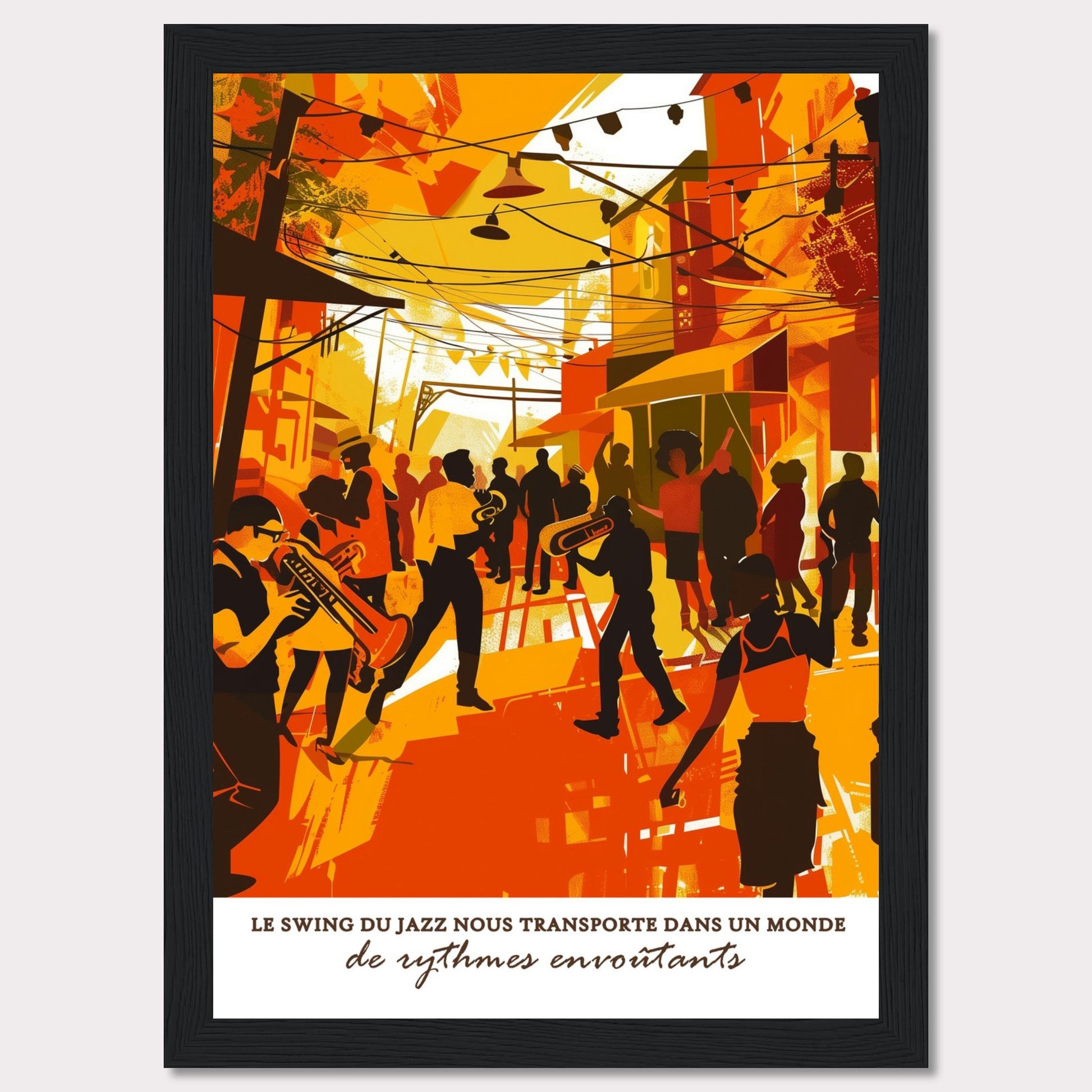 This vibrant illustration captures the lively atmosphere of a jazz street performance. Musicians with trumpets and trombones play energetically, surrounded by an enthusiastic crowd. The scene is bathed in warm hues of orange and yellow, evoking a sense of warmth and excitement.