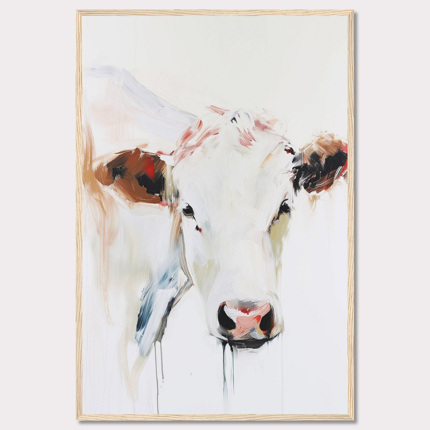 This captivating painting features a close-up of a cow's face, rendered in a modern abstract style. The artwork uses bold brush strokes and a blend of soft and vibrant colors to create a striking visual impact.