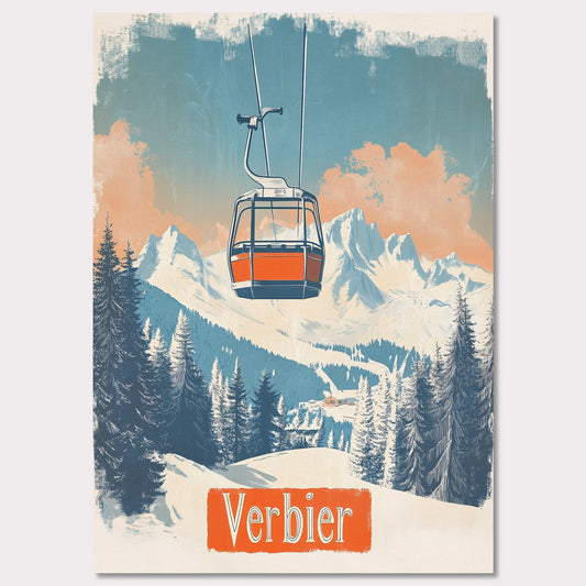 This picturesque retro-inspired poster showcases a vibrant orange gondola gracefully ascending the snowy mountainside of Verbier. The tranquil beauty of the landscape is captured with soft pastel tones in the sky, complemented by the rugged peaks in the distance. The modern gondola stands in contrast to the pristine, snow-covered trees, evoking a sense of peaceful adventure and the journey to the mountain’s summit. The vintage art style enhances the nostalgic vibe of alpine exploration.