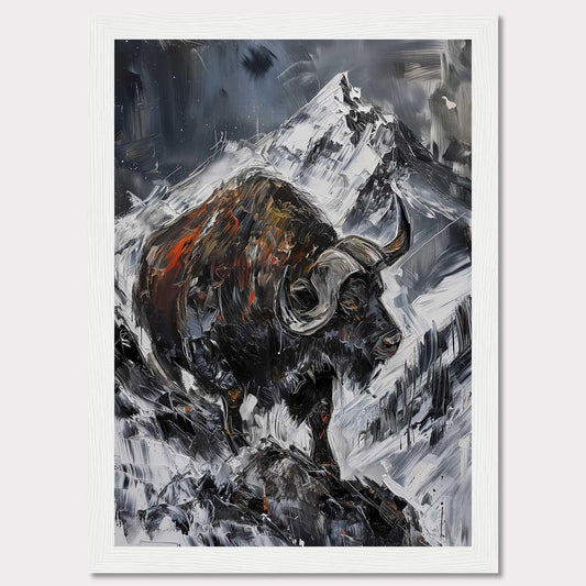 This striking painting captures the raw power of a buffalo against a dramatic mountainous backdrop. The bold brushstrokes and intense colors create a sense of movement and energy.