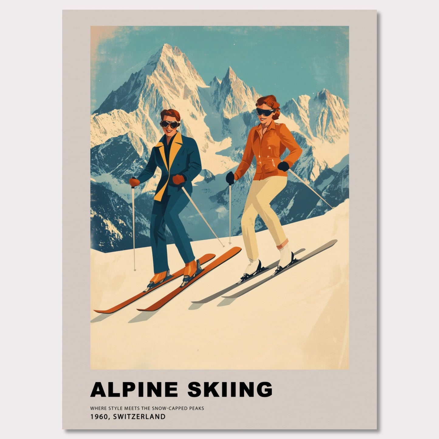 This stunning retro-style poster celebrates the elegance of alpine skiing in Switzerland. Two stylish skiers gracefully glide down the snowy slopes, set against the backdrop of majestic, sunlit peaks. The vintage color palette and mid-century design highlight the timeless charm and sophistication of the alpine experience, making it a celebration of both sport and scenery.