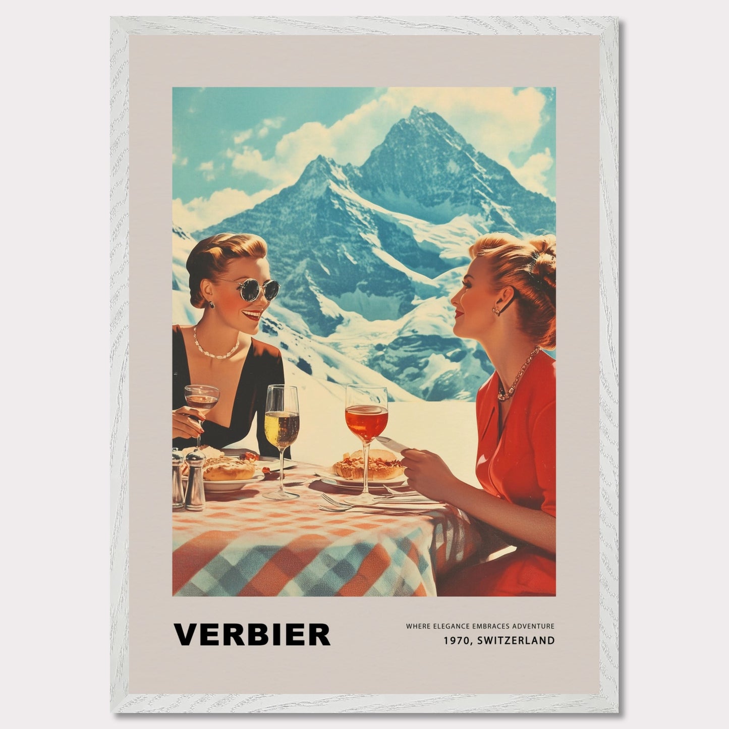 This glamorous poster showcases the refined charm of Verbier, featuring two elegantly dressed women enjoying an alfresco meal with breathtaking alpine peaks as their backdrop. The scene embodies a perfect blend of sophistication and adventure, inviting viewers to savor the unique allure of this Swiss ski destination.