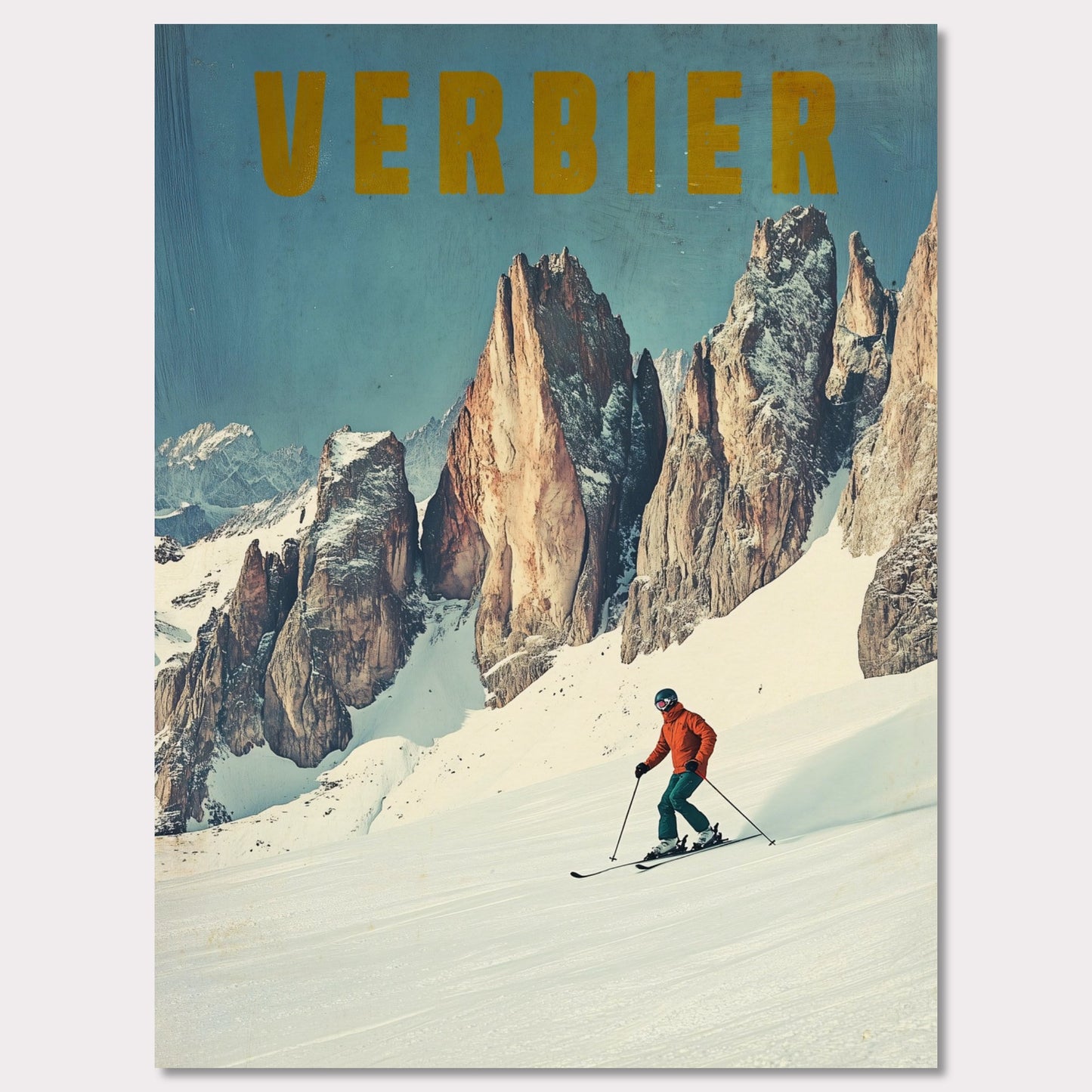 This stunning vintage poster showcases the essence of skiing in Verbier, with a lone skier carving through fresh powder beneath towering, jagged alpine peaks. The vibrant orange jacket of the skier contrasts beautifully with the crisp, snowy landscape and the rugged beauty of the mountains. The bold, retro typography reinforces the feeling of adventure and nostalgia, inviting viewers to experience the thrill of Verbier’s iconic slopes.