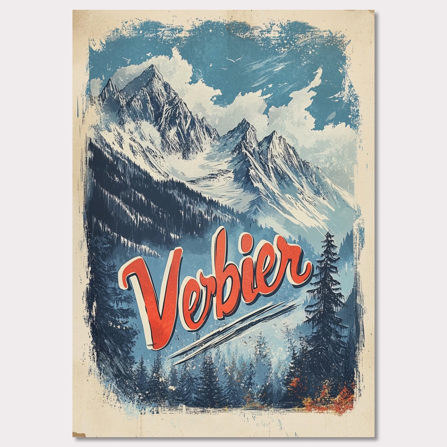 This striking vintage poster captures the breathtaking beauty of Verbier’s mountain peaks. With a bold orange and blue color palette, the image of towering snowy peaks framed by evergreen trees invites adventure and awe. The vintage typography emphasizes Verbier’s allure as a destination for both exploration and relaxation, making this an ideal representation of the Swiss Alps' majestic landscapes.