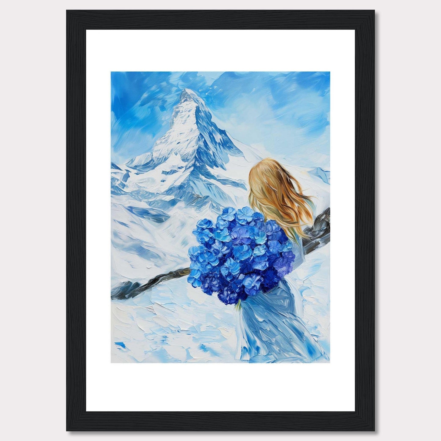 This captivating painting depicts a serene winter landscape with a majestic snow-covered mountain in the background. A woman with flowing blonde hair stands in the foreground, holding a vibrant bouquet of blue flowers. The sky is a brilliant shade of blue, complementing the snowy scenery.