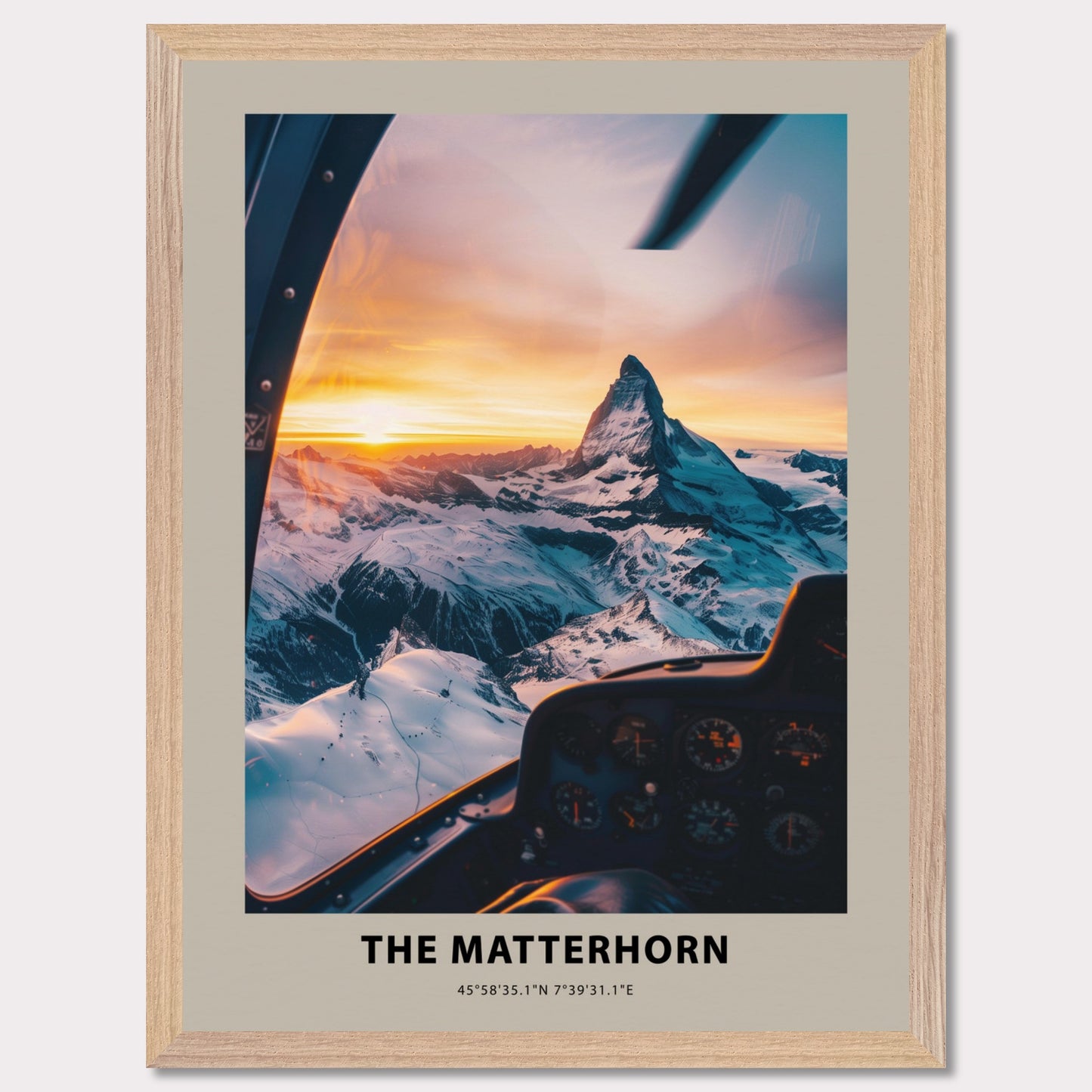 This stunning photograph captures the majestic Matterhorn at sunset, viewed from the cockpit of an aircraft. The snow-covered peaks and the golden hues of the sky create a breathtaking scene.