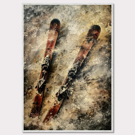 This image showcases a pair of vintage red skis with bindings, set against a textured, abstract background. The skis are positioned diagonally, creating a dynamic and energetic composition.