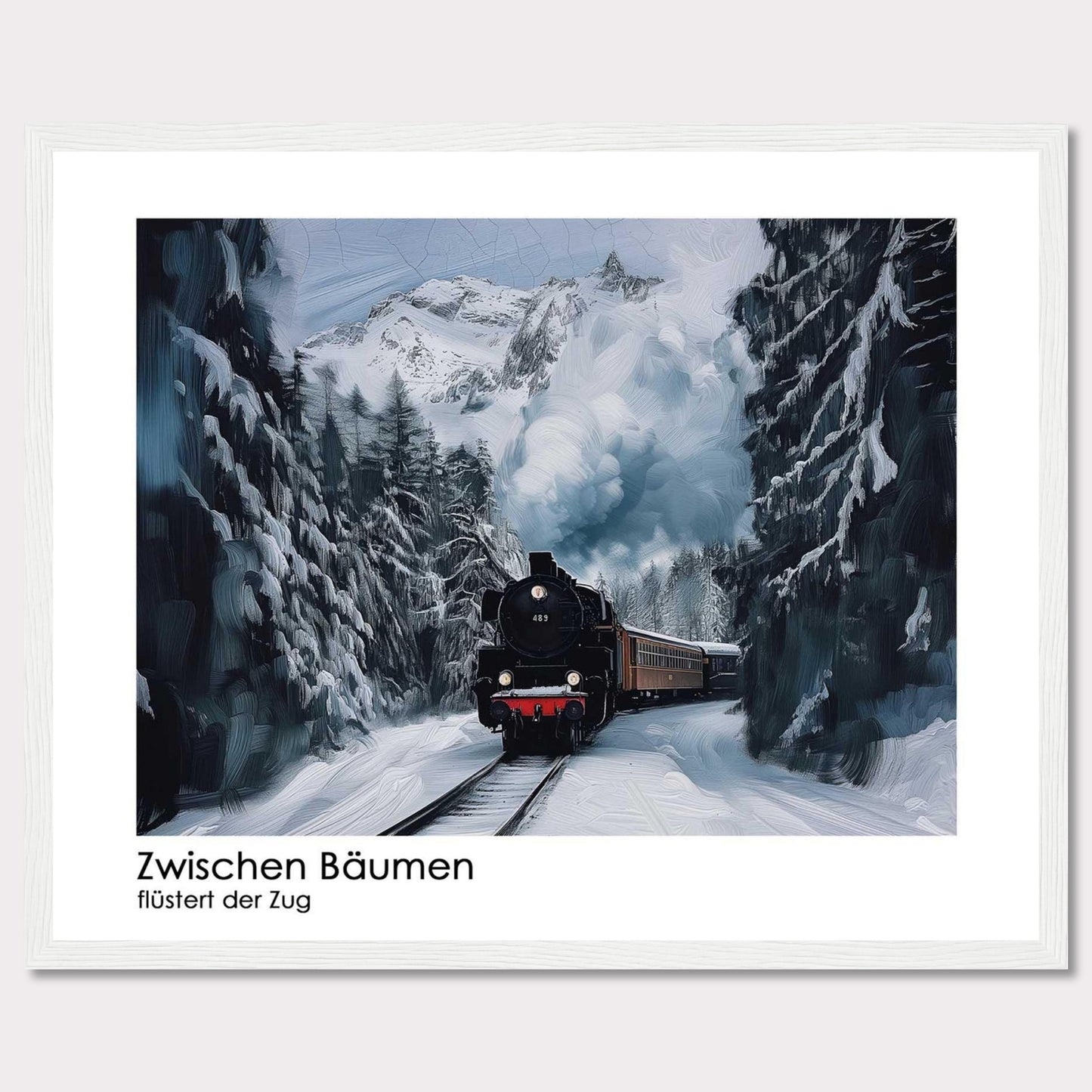 This captivating image depicts a steam train chugging through a snowy forest, with towering pine trees on either side and majestic snow-covered mountains in the background. The scene is serene and picturesque, capturing the essence of winter wonderland.