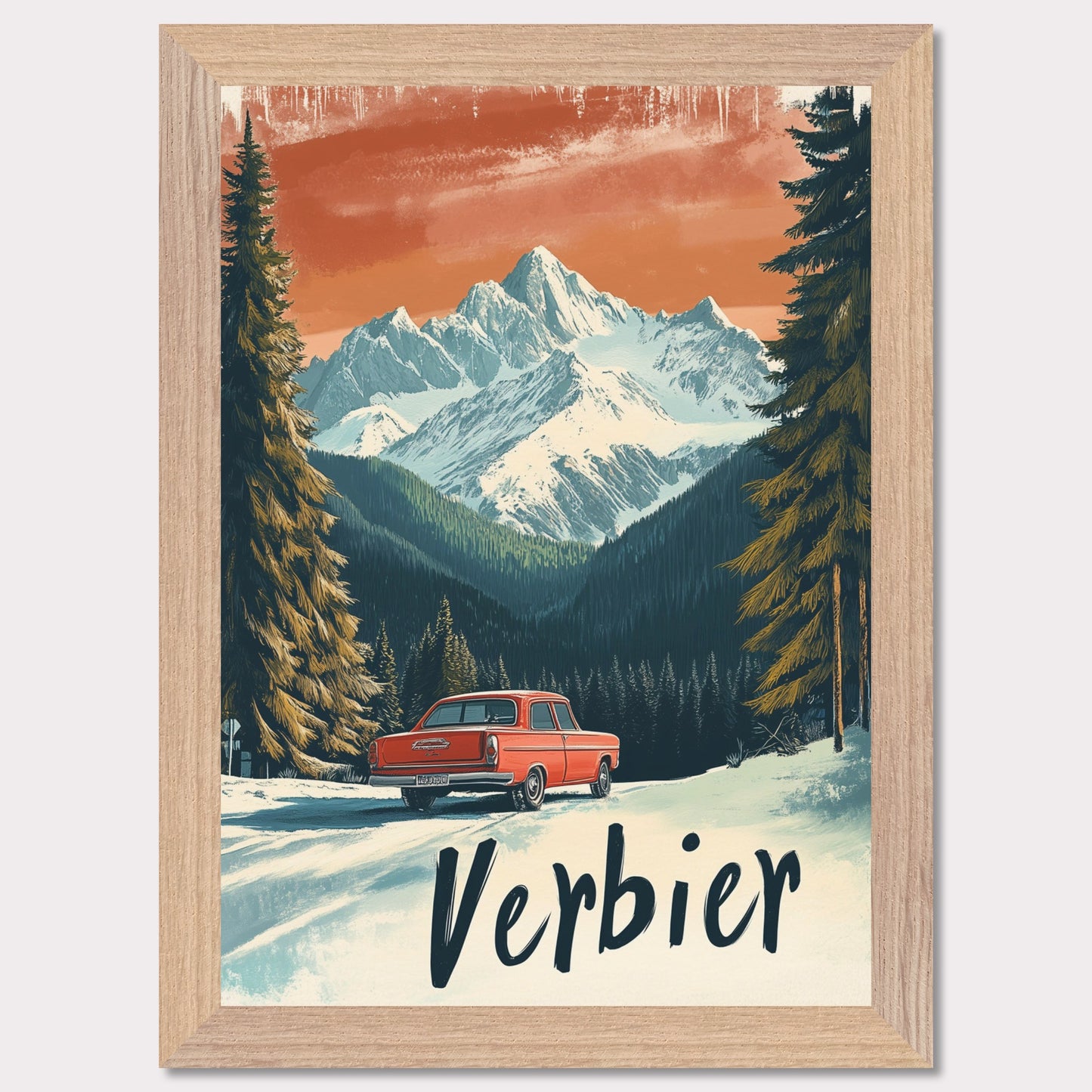 This striking retro-style poster depicts a vintage car driving through a snowy mountain landscape in Verbier. The red car stands out against the backdrop of majestic, snow-covered peaks and towering trees, with the warm orange hues of the sky adding to the nostalgic vibe. The vintage typography and artistic style evoke the allure of road trips through the Swiss Alps, offering a sense of freedom and adventure in a winter wonderland.