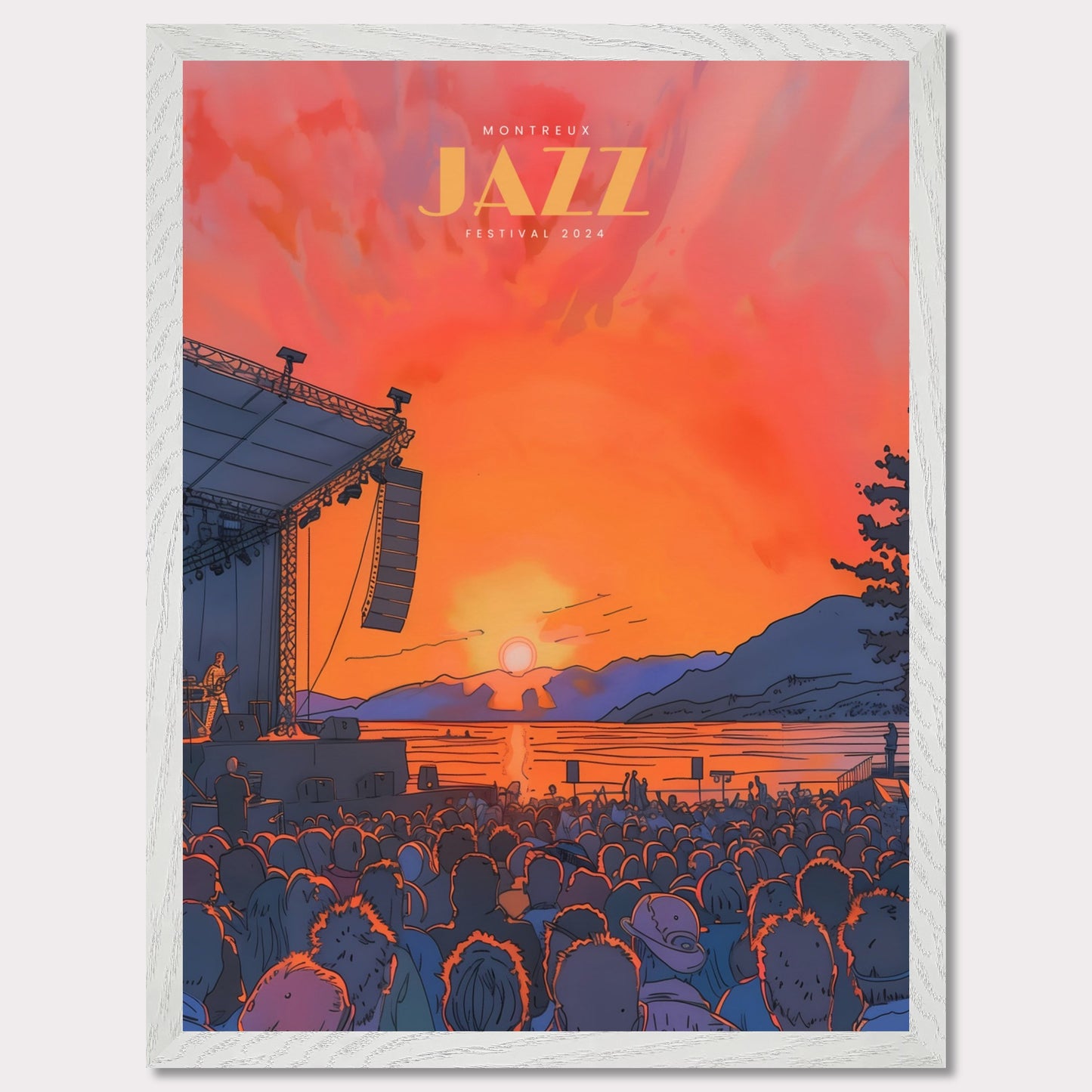 This vibrant poster showcases the Montreux Jazz Festival 2024, capturing the essence of a live outdoor concert at sunset. The scene is set with a large crowd facing a stage where a musician performs against a backdrop of a stunning sunset over a lake and mountains.