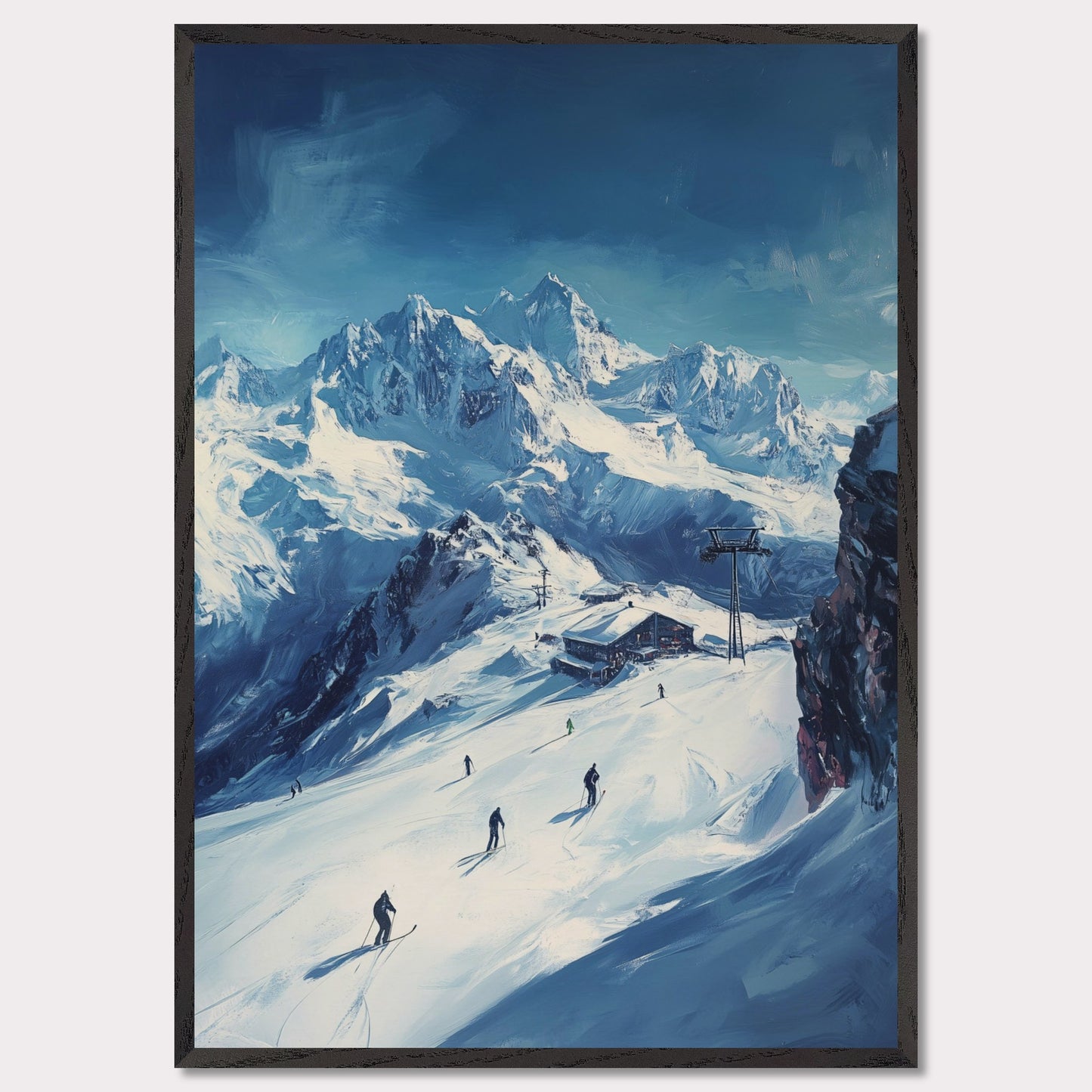 This vibrant, retro-style poster captures the excitement of skiing through the Swiss Alps, with skiers navigating fresh powder beneath towering, snow-covered peaks. The vast landscape and the thrill of the descent evoke a sense of freedom and adventure. The vintage typography and warm colors enhance the adventurous spirit, making it a perfect invitation to explore the slopes of the Swiss Alps and experience the rush of alpine skiing.