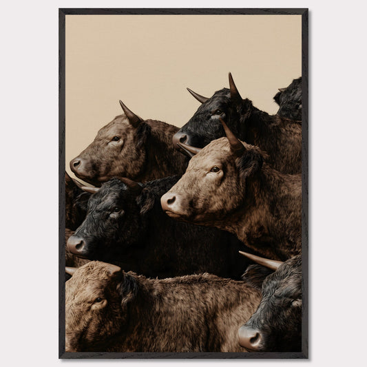 This illustration depicts a group of oxen with varying shades of brown and black fur, closely packed together against a plain beige background.

This poster will fit well in rustic or farmhouse-style interiors, animal-themed spaces, or art collections focusing on wildlife.