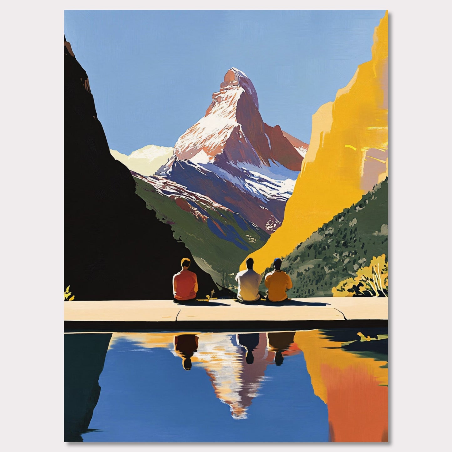 This poster takes us on a serene retreat to the breathtaking landscapes of the Swiss Alps, with the iconic Matterhorn standing proudly as the centerpiece. Three figures sit quietly at the edge of a calm reflecting pool, their silhouettes harmonizing with the tranquility of the setting. The vivid contrast of golden mountainsides, lush greenery, and the deep blue sky reflects the beauty of untouched nature. This artwork captures the essence of reflection, connection, and the majesty of alpine surroundings.