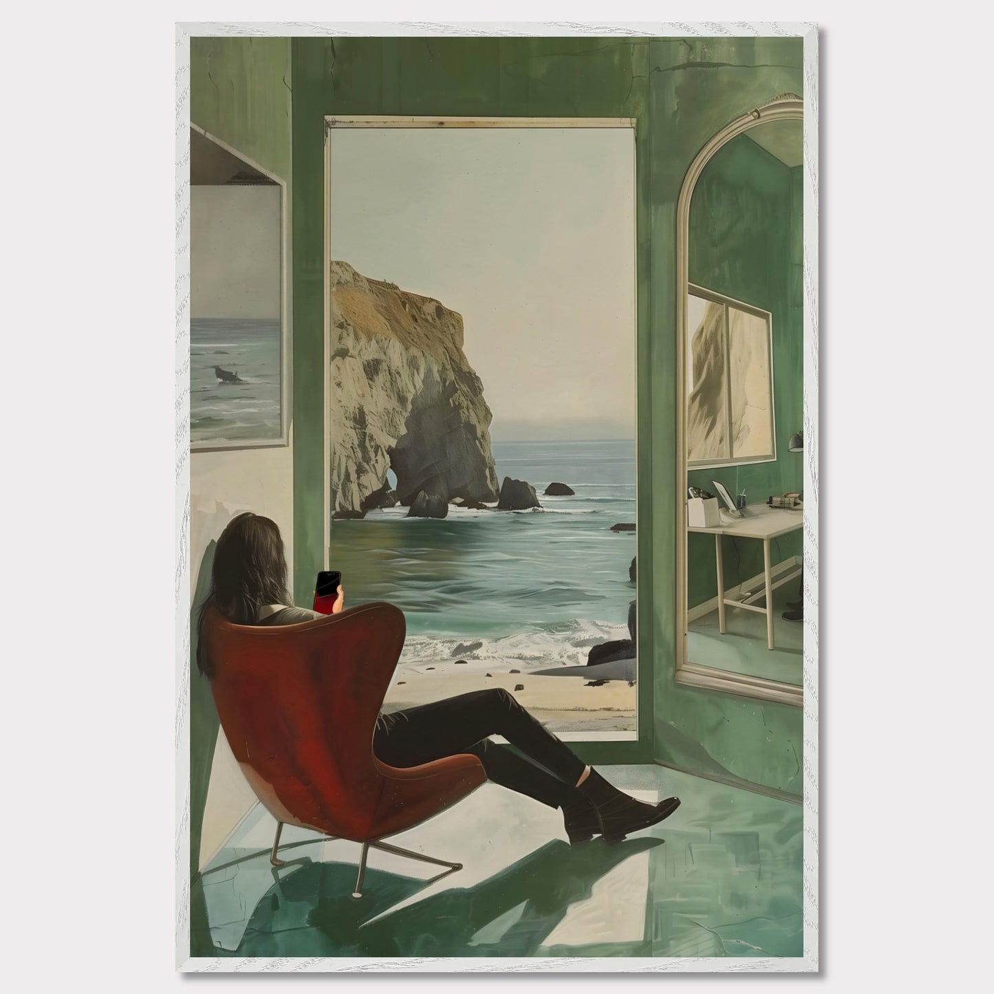 This captivating artwork depicts a serene coastal scene viewed from inside a room. A person is seated in a red chair, gazing out at the ocean through an open window. The reflection of another person working at a desk is visible in a large mirror on the right side. The room's green walls and floor create a calming ambiance, enhancing the peacefulness of the ocean view.