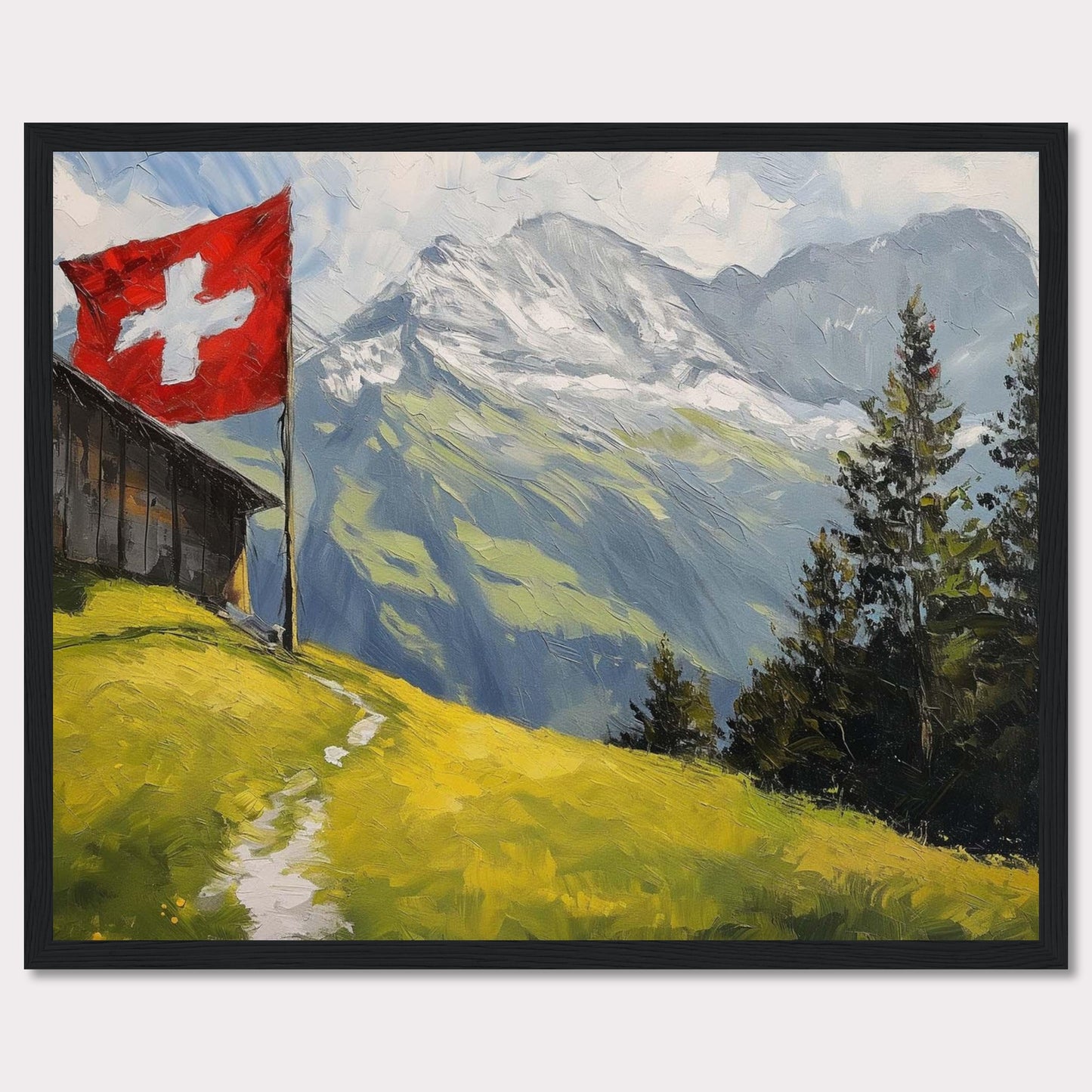 This stunning painting captures the serene beauty of a Swiss alpine landscape. A quaint wooden cabin is perched on a lush green hillside, with a vibrant Swiss flag fluttering proudly beside it. Majestic snow-capped mountains rise in the background, contrasting beautifully with the verdant foreground. Tall evergreen trees add depth and texture to the scene.