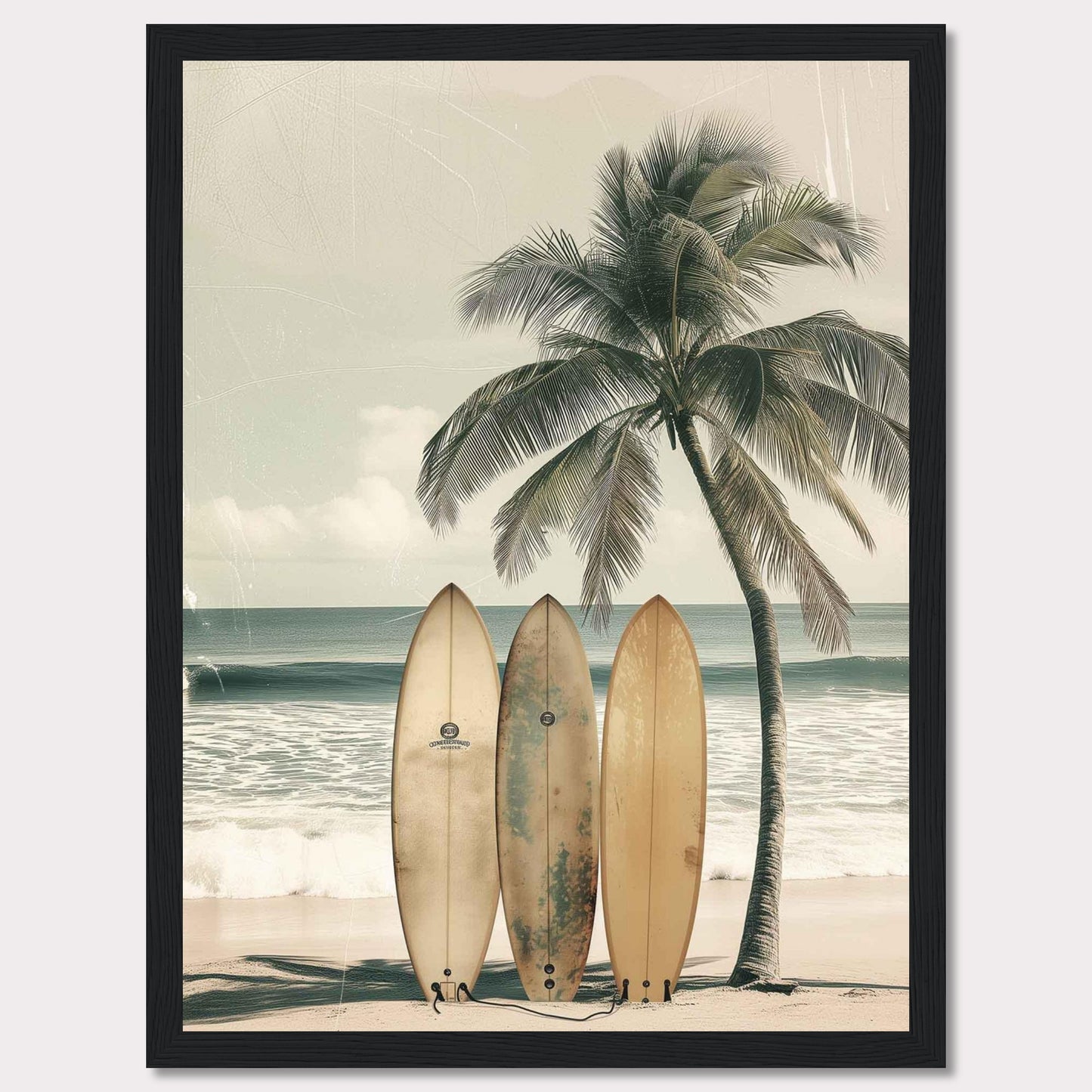 This captivating image features a serene beach scene with three surfboards leaning against a tall, swaying palm tree. The tranquil ocean waves and a clear sky in the background evoke a sense of calm and adventure.