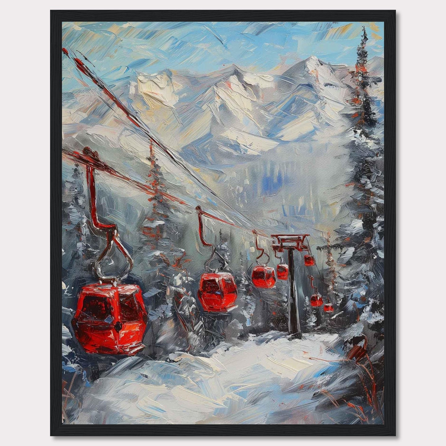 This captivating painting showcases a vibrant winter scene with red cable cars gliding through a snowy mountain landscape.