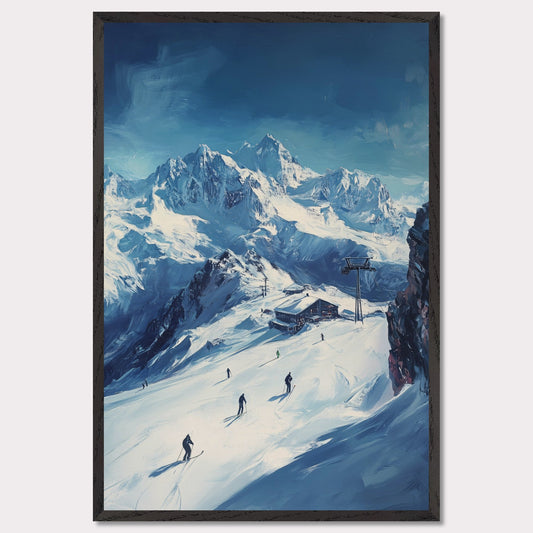 This vibrant, retro-style poster captures the excitement of skiing through the Swiss Alps, with skiers navigating fresh powder beneath towering, snow-covered peaks. The vast landscape and the thrill of the descent evoke a sense of freedom and adventure. The vintage typography and warm colors enhance the adventurous spirit, making it a perfect invitation to explore the slopes of the Swiss Alps and experience the rush of alpine skiing.