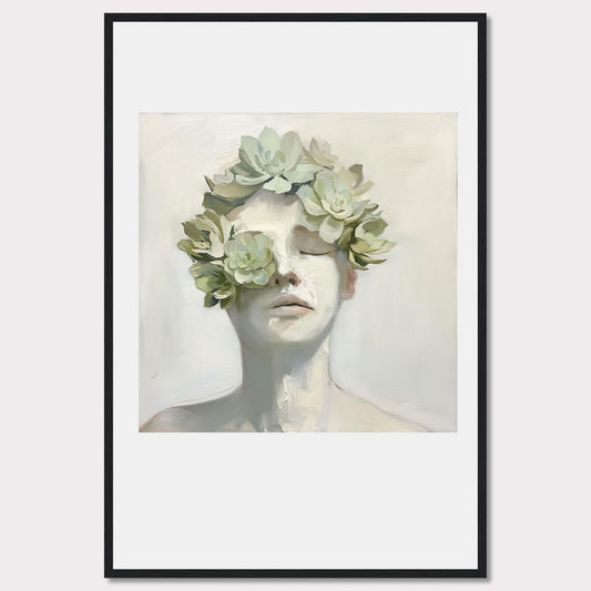 This captivating artwork features a serene face adorned with a crown of succulents, blending nature and human form in a harmonious expression.