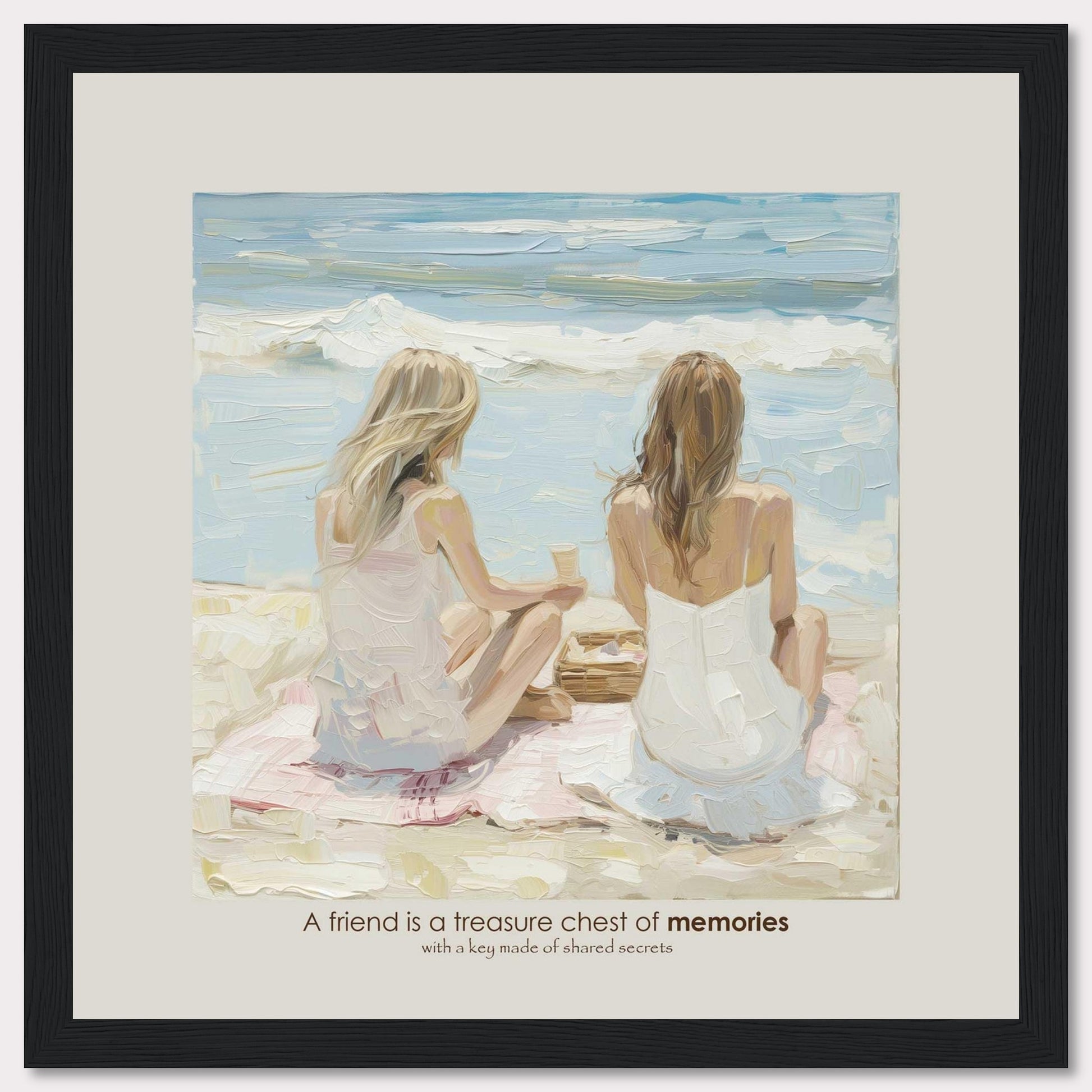 A beautiful painting depicts two women sitting on a beach, facing the ocean. They are engaged in a serene moment, perhaps sharing a conversation or simply enjoying the view. The scene evokes a sense of tranquility and deep friendship. The quote below the image reads, "A friend is a treasure chest of memories with a key made of shared secrets," highlighting the value of close companionship.