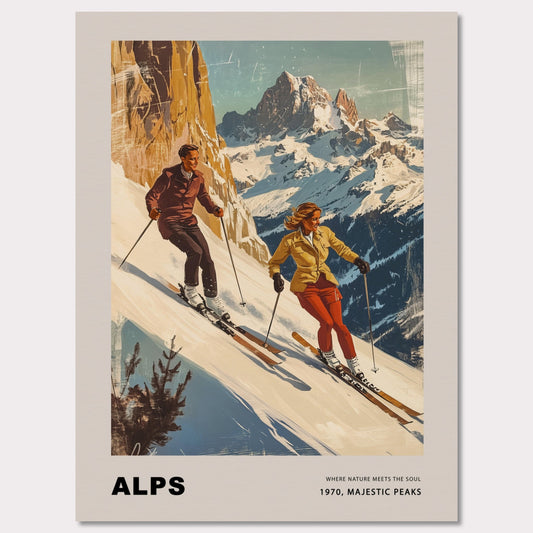 This striking vintage poster celebrates the grandeur of the Alps, depicting a dynamic pair of skiers descending snowy slopes with towering peaks in the background. Their confident movements against the crisp, majestic scenery capture the essence of alpine adventure. The warm, retro tones paired with the timeless typography evoke a sense of nostalgia and the spirit of mountain exploration.