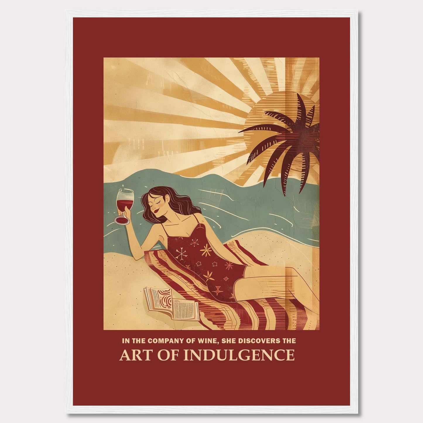 This vibrant poster features a woman relaxing on a beach with a glass of wine. The sun is setting behind a palm tree, casting warm rays over the scene. She is lying on a striped blanket with an open book beside her, embodying a moment of pure relaxation and indulgence.