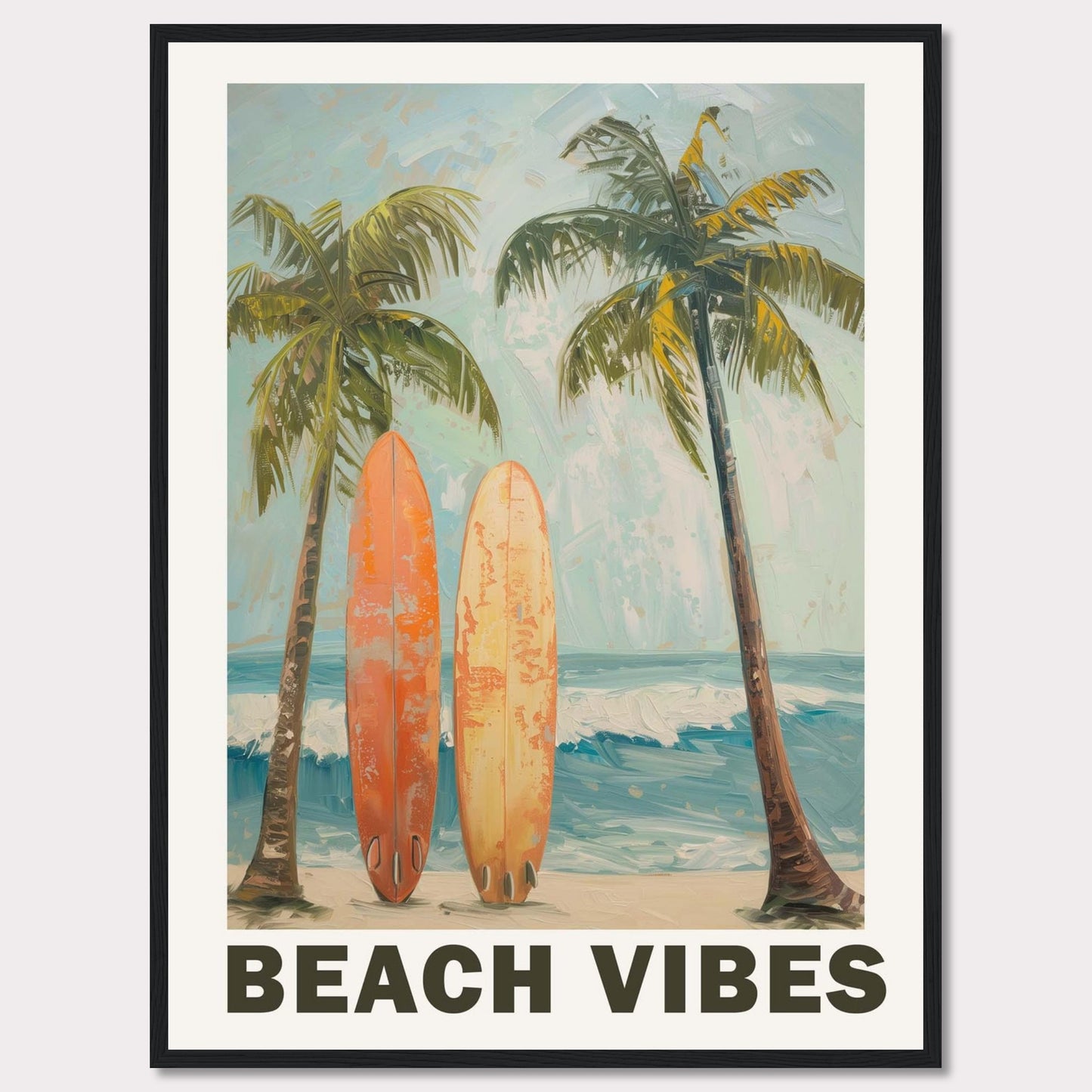 This vibrant artwork captures the essence of a perfect beach day. Two surfboards rest against tall palm trees, with waves crashing in the background and a clear sky above.