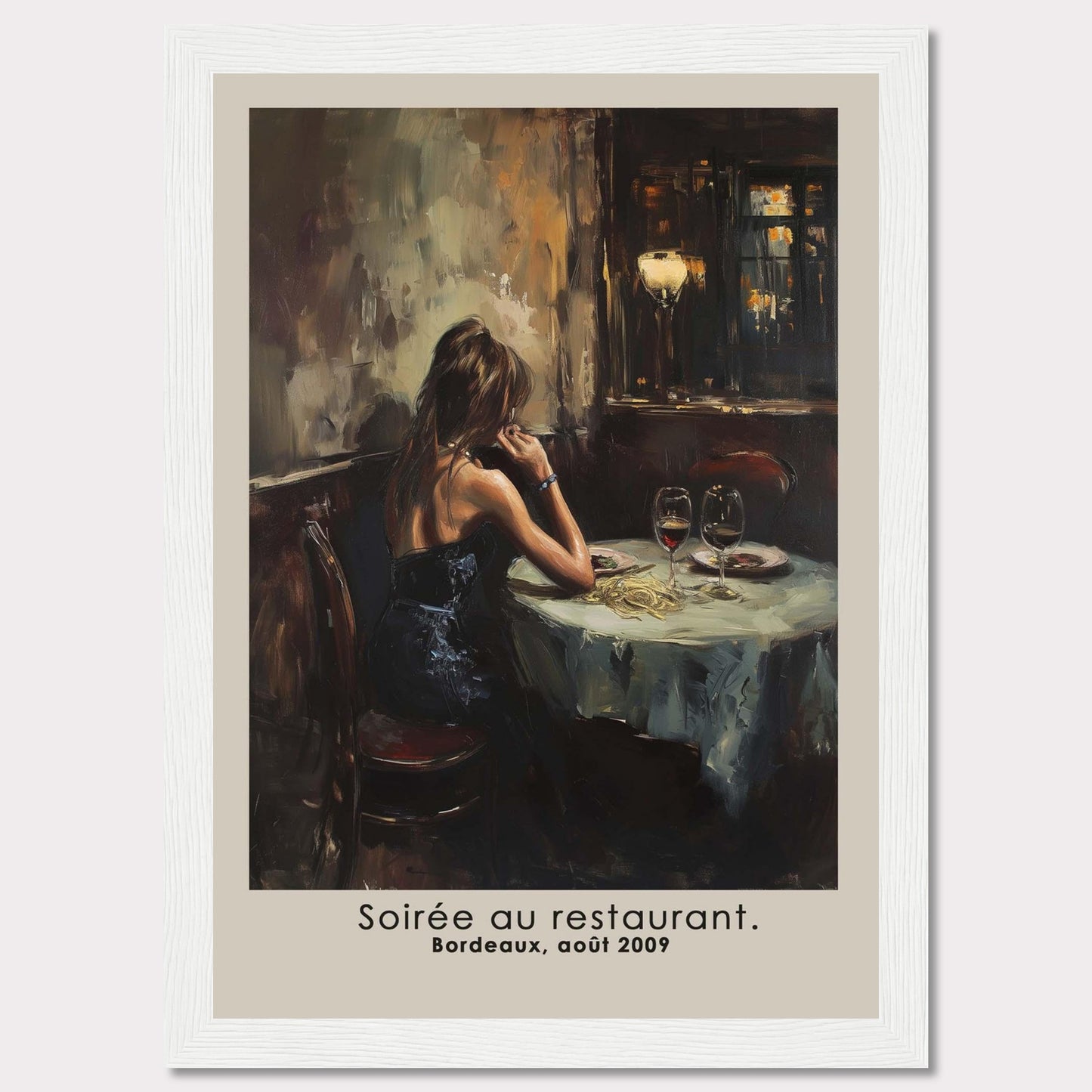 This evocative artwork captures a solitary moment in a restaurant, depicting a woman in an elegant black dress seated at a table adorned with wine glasses and a half-eaten meal. The dim, warm lighting and the reflective mood of the scene create a sense of introspection and nostalgia.