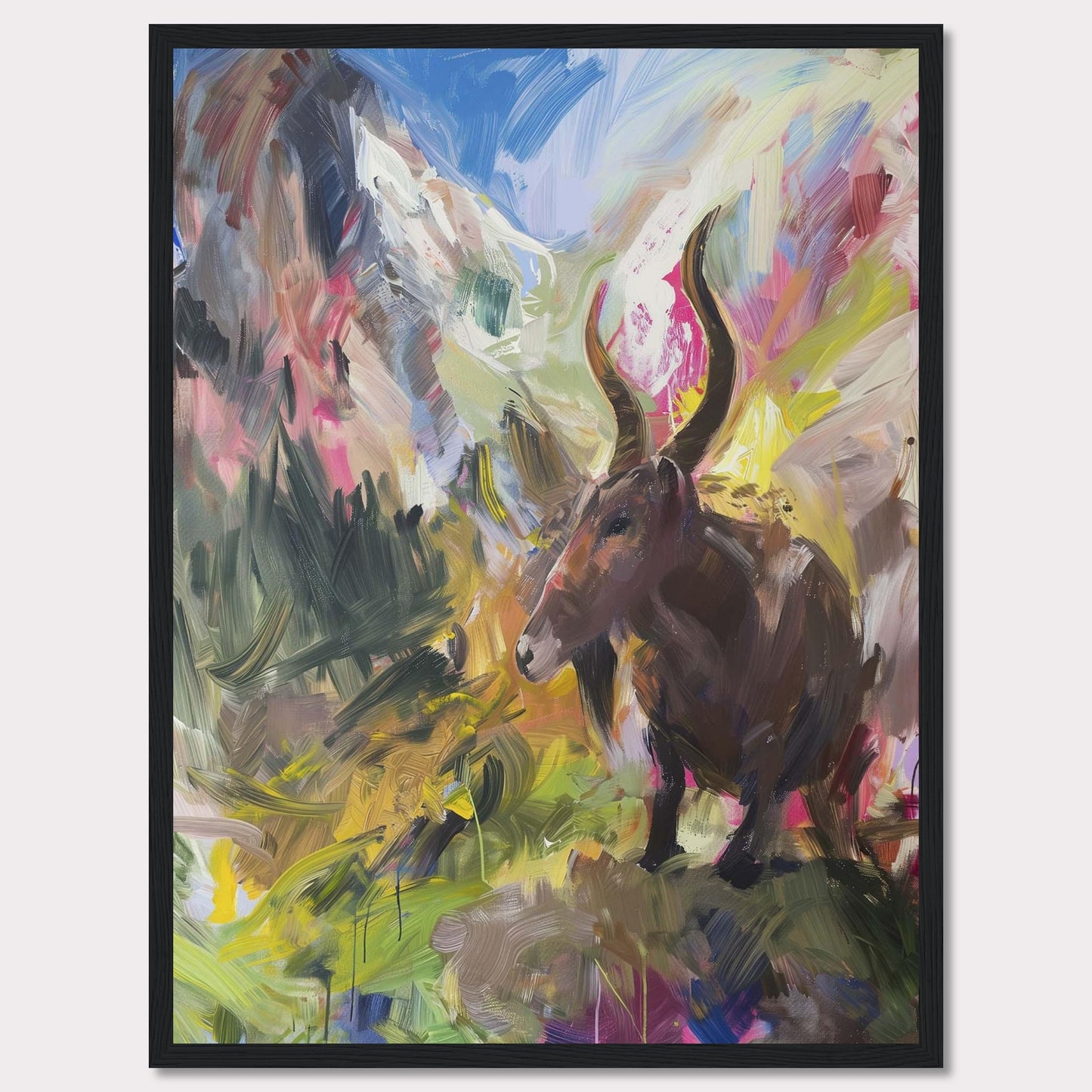 This vibrant painting captures a majestic animal with large horns standing amidst a colorful, abstract landscape. The background features dynamic brushstrokes of mountains, sky, and foliage, blending together in an explosion of colors.