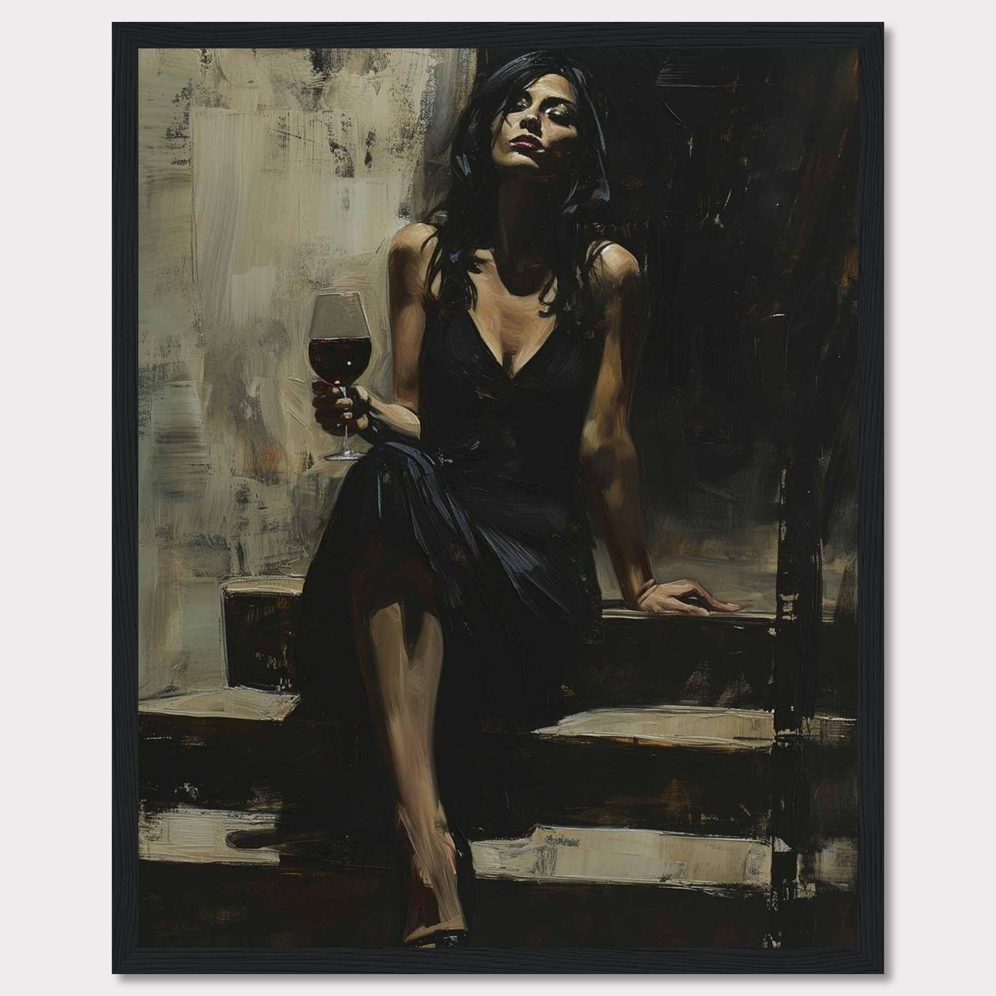 This captivating painting depicts a woman in an elegant black dress, seated on a set of steps. She holds a glass of red wine, exuding confidence and sophistication. The dark, moody background contrasts with her poised demeanor, creating a sense of intrigue and allure.