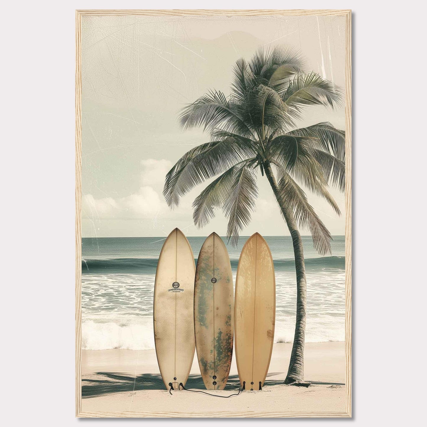 This captivating image features a serene beach scene with three surfboards leaning against a tall, swaying palm tree. The tranquil ocean waves and a clear sky in the background evoke a sense of calm and adventure.