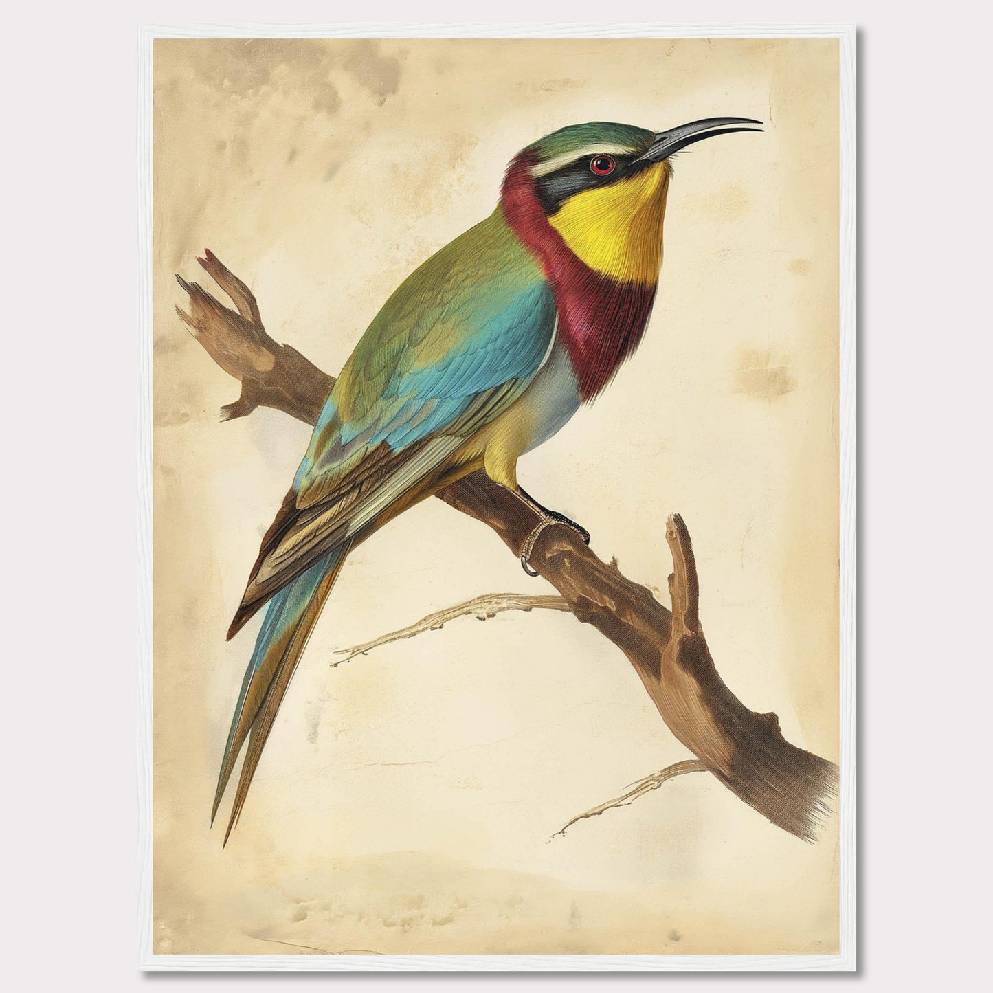 This captivating artwork features a vibrant bird perched on a branch, showcasing its colorful plumage. The background is a soft, muted beige that highlights the bird's bright hues. The bird's feathers display a stunning array of colors, including green, blue, yellow, and red. The piece is framed in a simple black frame that complements the artwork without detracting from it.