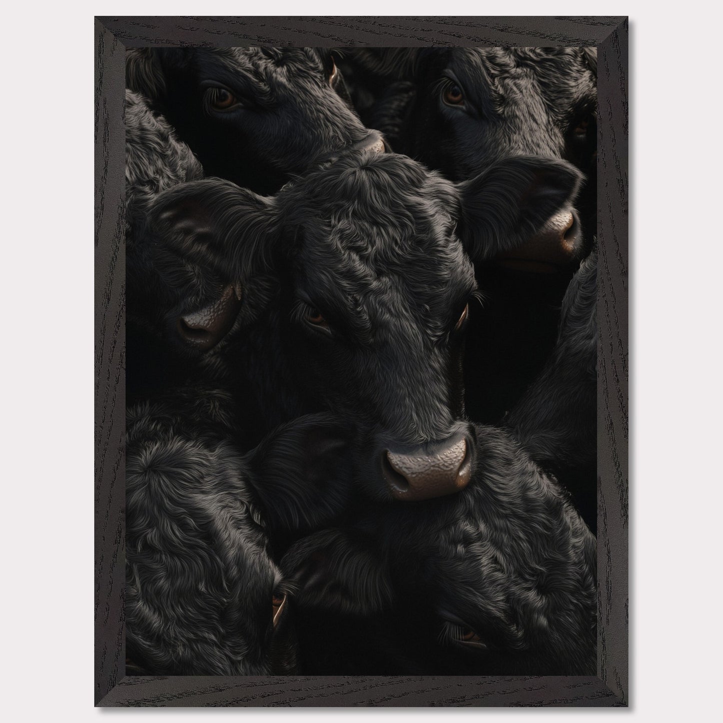 This captivating artwork features a close-up view of several black cows, their faces and textures intricately detailed. The image exudes a sense of unity and calmness among the animals.